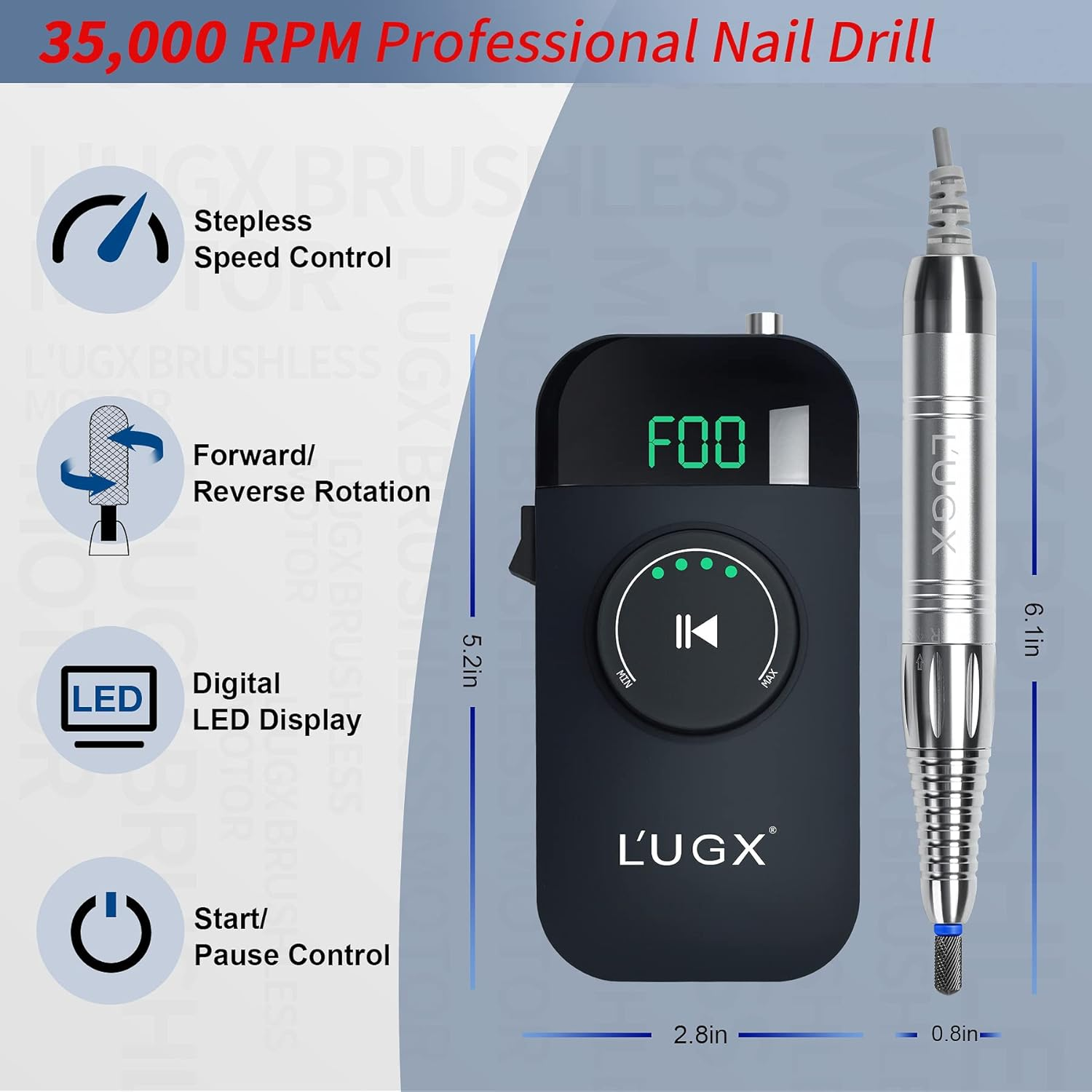 L'UGX Professional Brushless Nail Drill Machine, 35000RPM Rechargeable Cordless Nail Drill, Portable Electrical File for Acrylic, Gel, Manicure Pedicure, Perfect for Home and Salon Use image number 5