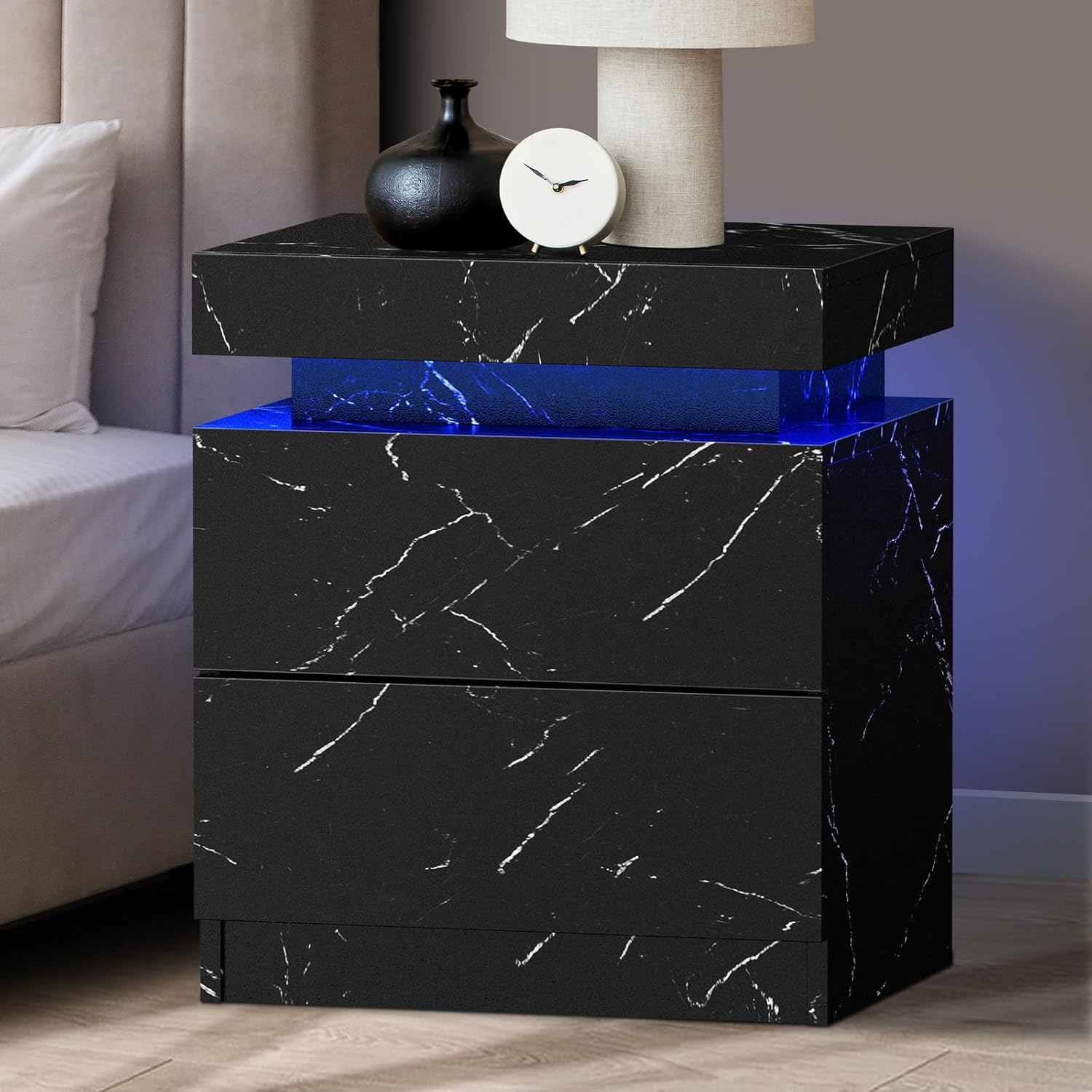 Oikiture LED Bedside Table with Marble Surface and Remote Control 2 Drawers Bed Side Table Black