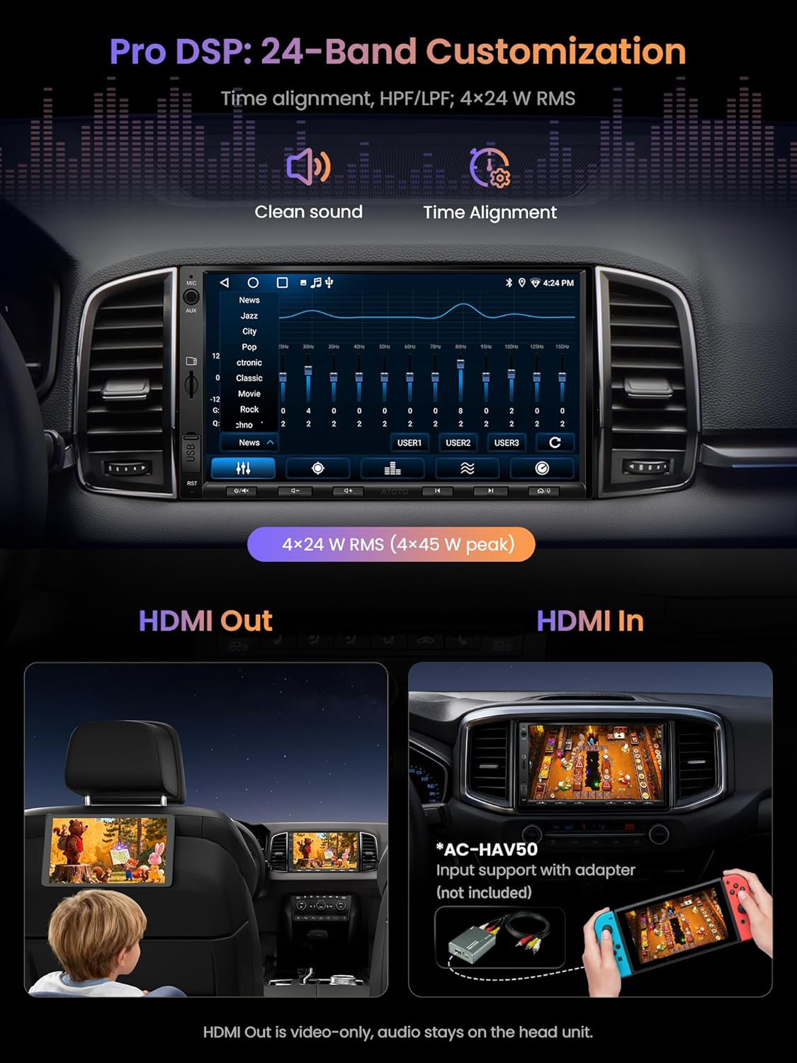 ATOTO A5L Android Double Din Car Stereo, 7" IPS Touchscreen Digital Media Receivers, Wireless Carplay& Android Auto, Wifi/Bluetooth/Usb Tethering, Backup Camera,Mirrorlink, 24B-EQ DSP, 2G+32G, FM/RDS image number 6