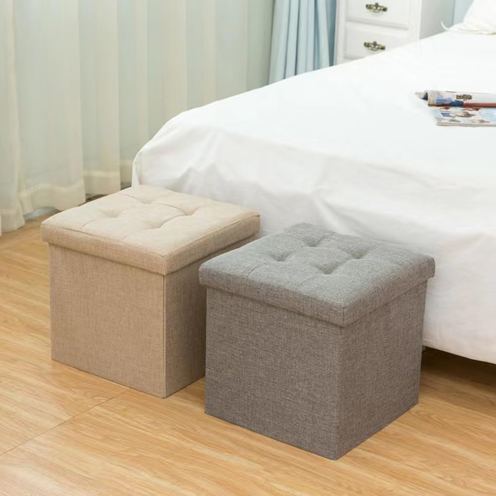 Hbluefat Folding Storage Ottoman Bench Footrest Seat Chest Coffee Table Toy Box for Living Room Hallway,Linen-Look Fabric (Grey, 55L) - Beige image number 7