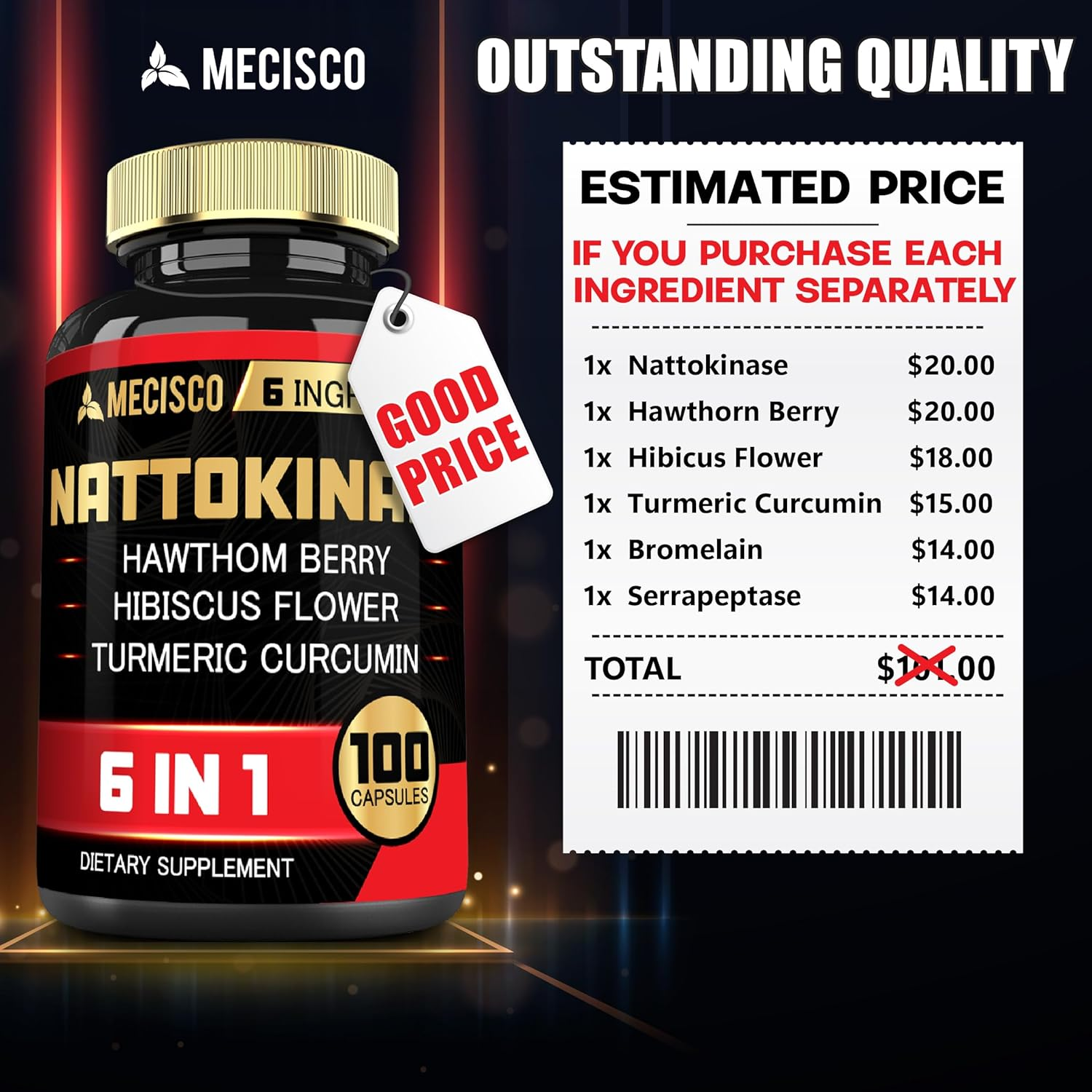 6In1 Nattokinase 2000 Fu Capsules with Hawthorn Berry, Hibiscus Flower & More - 100 Capsules - Nattokinase Supplement Supports Digestion, Heart Health & Immune System image number 3