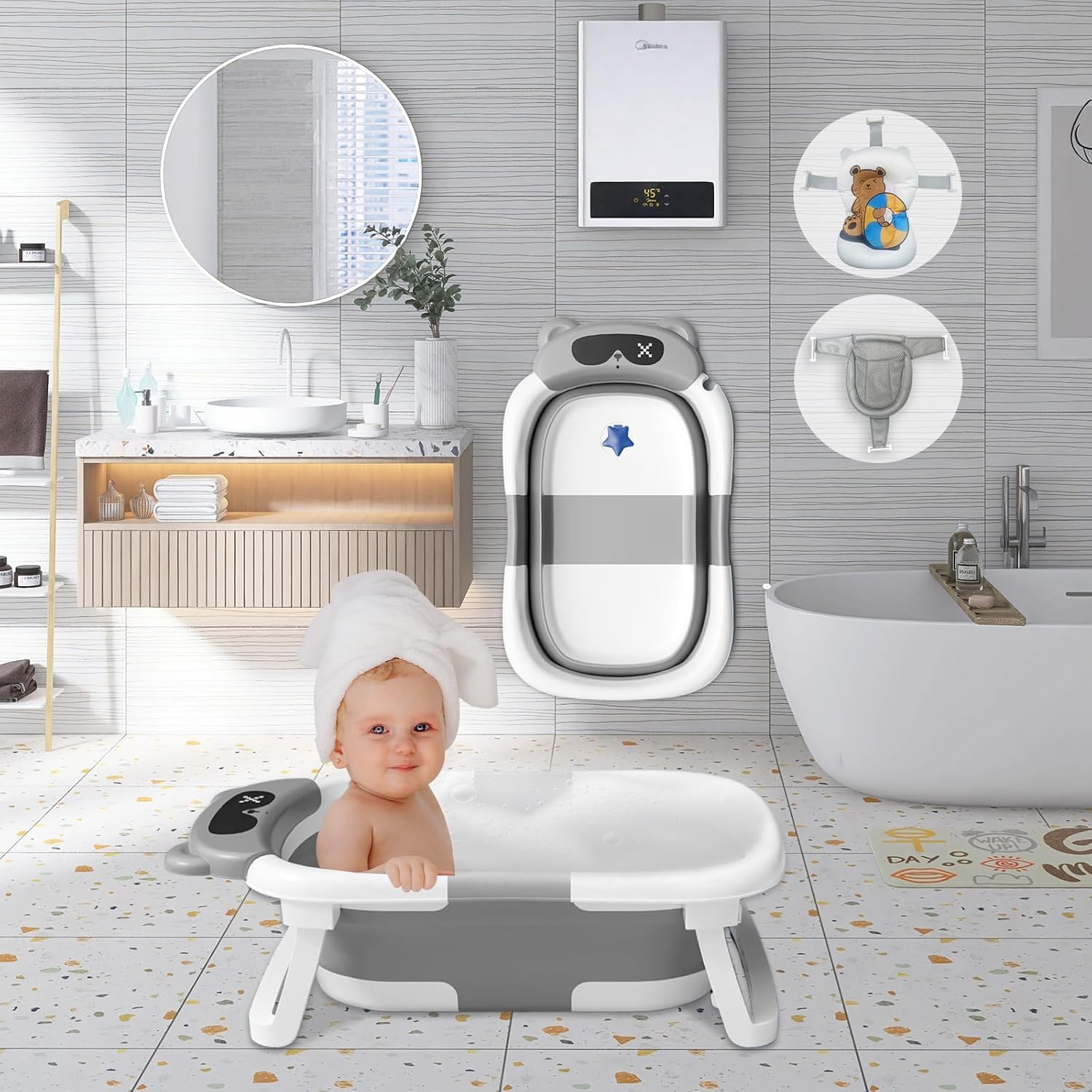 STEUGO Baby Bath Tub for Newborn with Seat Support Cushion Stand with Soft Cushion Baby Bathtub Newborn Totoddl Bath Tub for Baby 0-3 Years Travel Portable Bathtub（Grey） image number 2