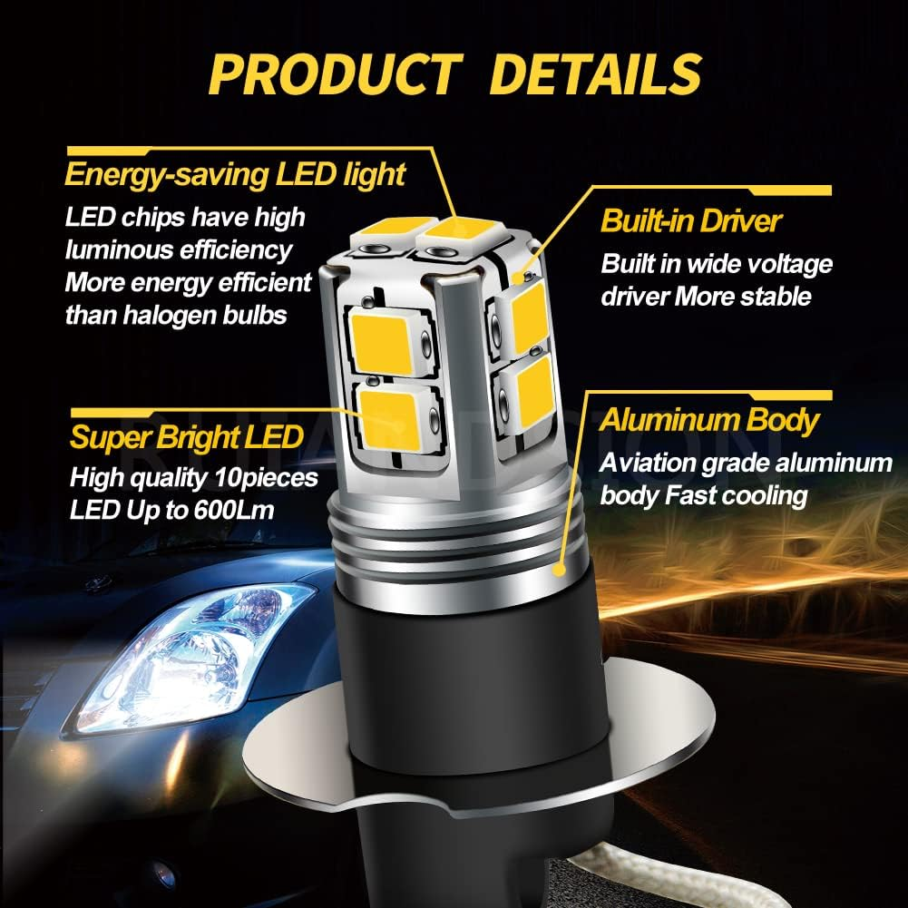 Ruiandsion H3 LED Fog Light Bulbs 6-40V 6000K White Super Bright 2835 10SMD Chips for Car Fog Lights(Pack of 2) image number 5