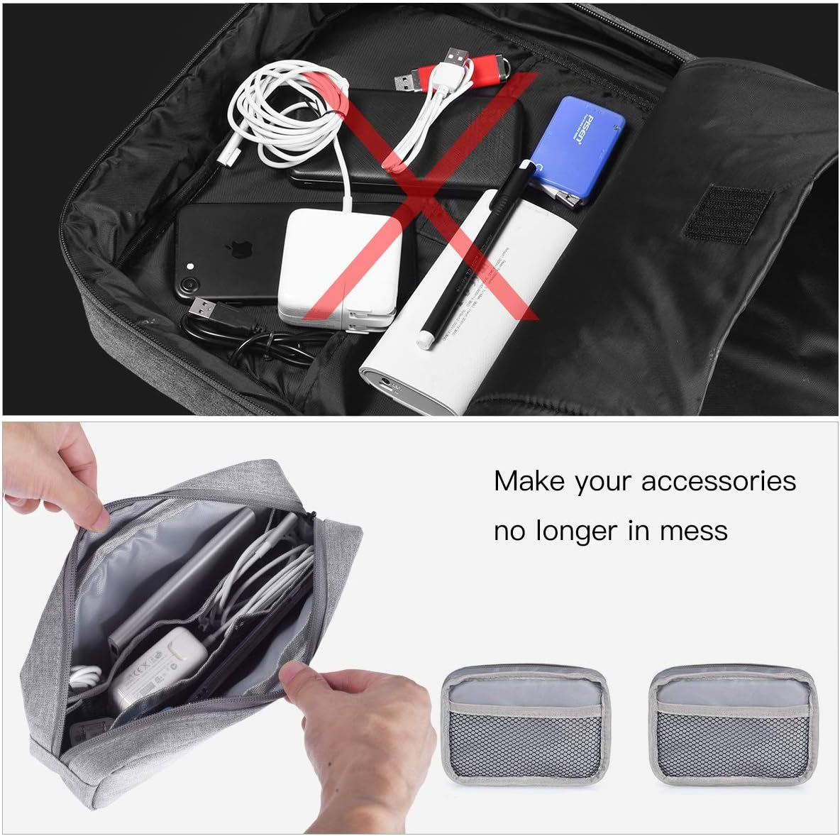 Portable Electronics Accessories Storage Bag, 2PCS Big + Small Carrying Case Travel Cable Organizer Cosmetic Bag Pouch Compatible Hard Drive, Power Bank, Mouse, Laptop Charger, Cellphone, Gray image number 4