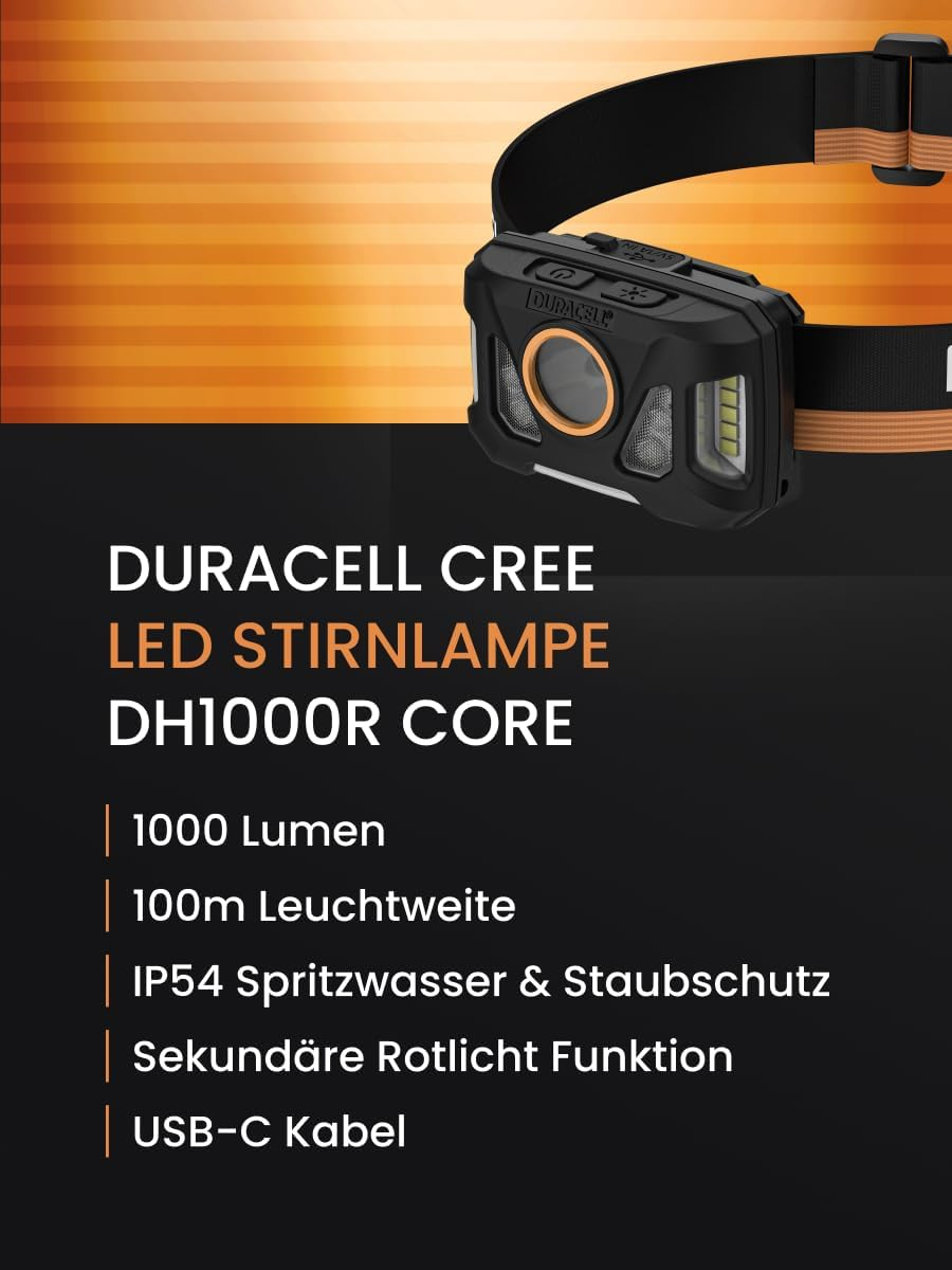Duracell DH1000R Core LED Headlamp - 1000 Lumens, Focusable, 50 M Beam Range, Red Light Function, USB-C Rechargeable, Lithium Battery, Various Light Modes, Ergonomic, Splash-Proof
