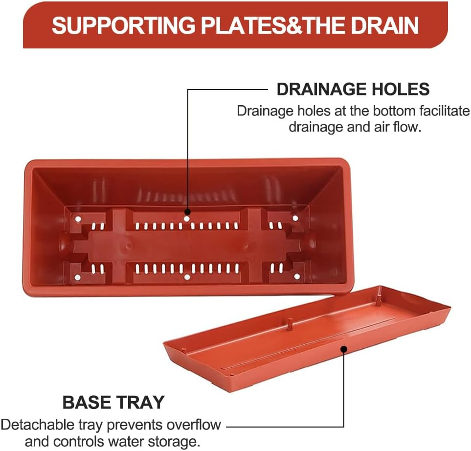 Springup Window Boxes Planters 6PCS Red Plastic Vegetable Flower Plots Boxes 43X13.5CM Large Rectangular Herb Planters with Tray Saucers for Indoor Outdoor Garden Patio Home Decor image number 6