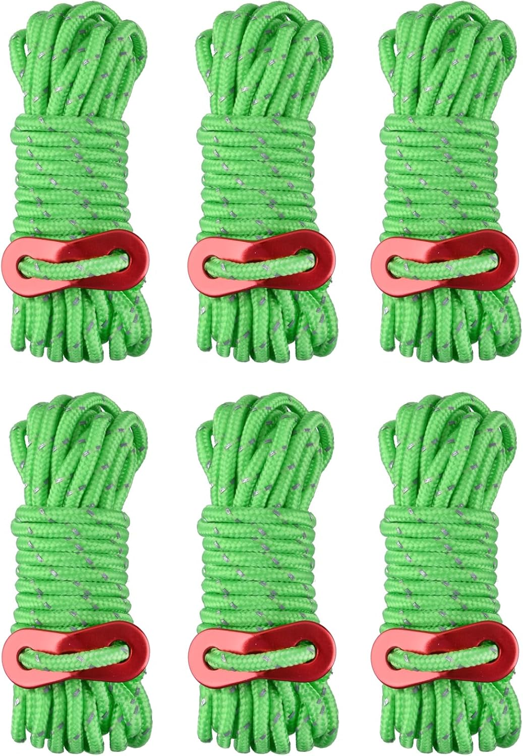 TRIWONDER Reflective Nylon Cord with Rope Adjusters, Tent Guyline Paracord Camping Rope for Tent, Tarp, Outdoor Packaging, Green - 6 Pack