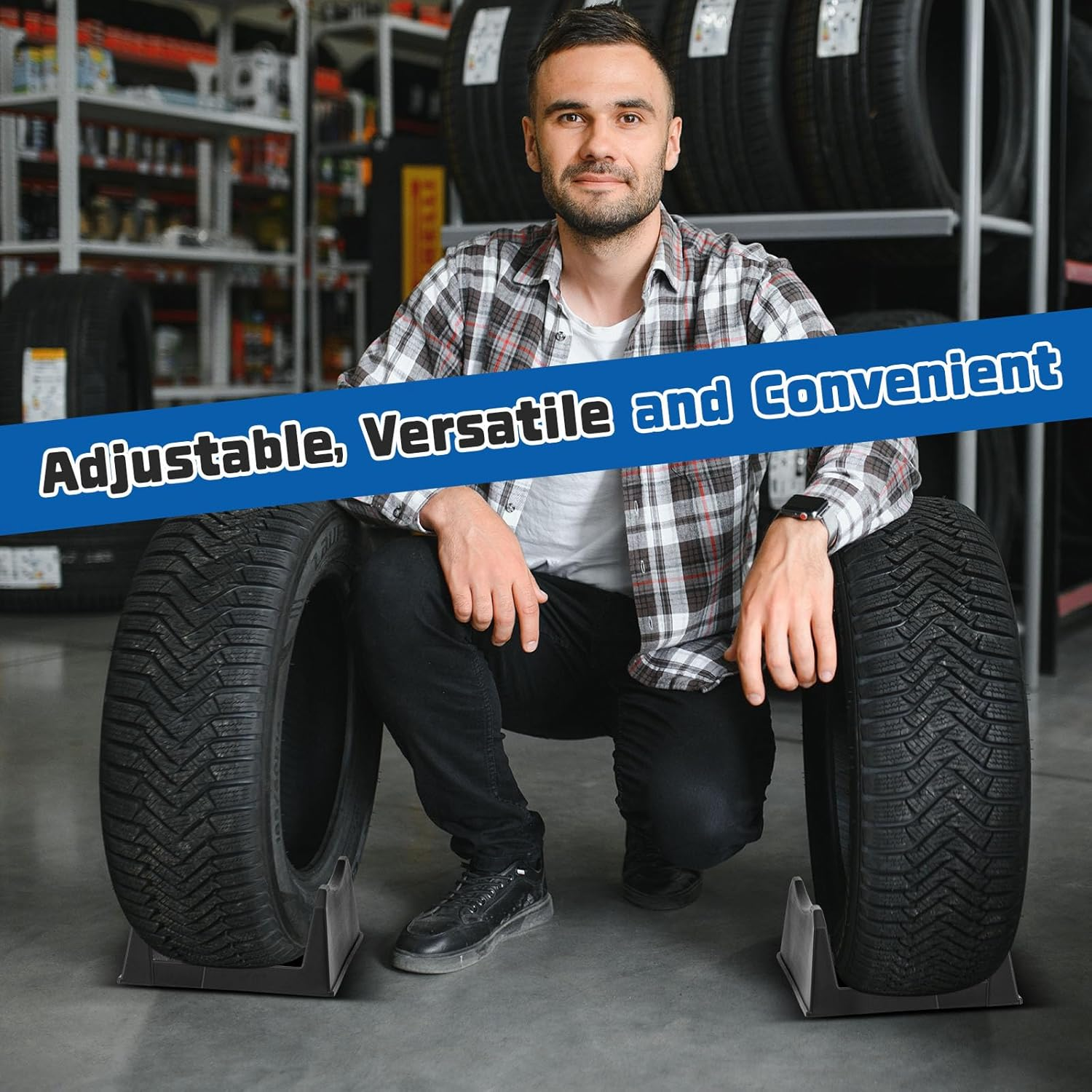 Colingmill 4 Pcs Car Tire Display Stand Wheel Display Rack Adjustable Width Rim Storage Wheel Rim Holder Tyre Stand Base Tire Tray Base for Exhibition Shop Garage Trade Show, Black