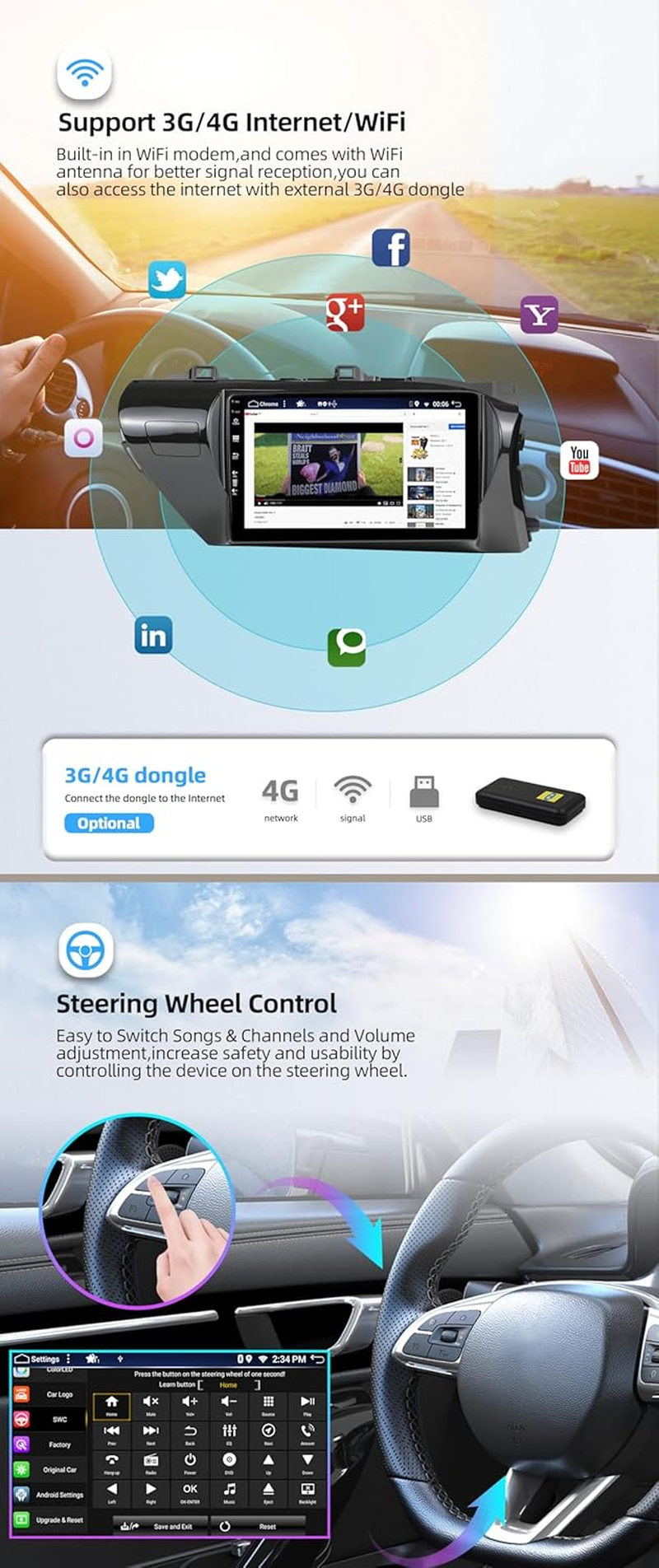 BXLIYER - [6G+128G] - Android 14 IPS Car Stereo for Toyota Hilux (2015-2023) - Wireless Carplay/Android Auto - Camera & MIC - 10.1 Inch 2 Din - DSP Steering Wheel Dual Band Wifi DAB Fast-Boot 360-CAM image number 6