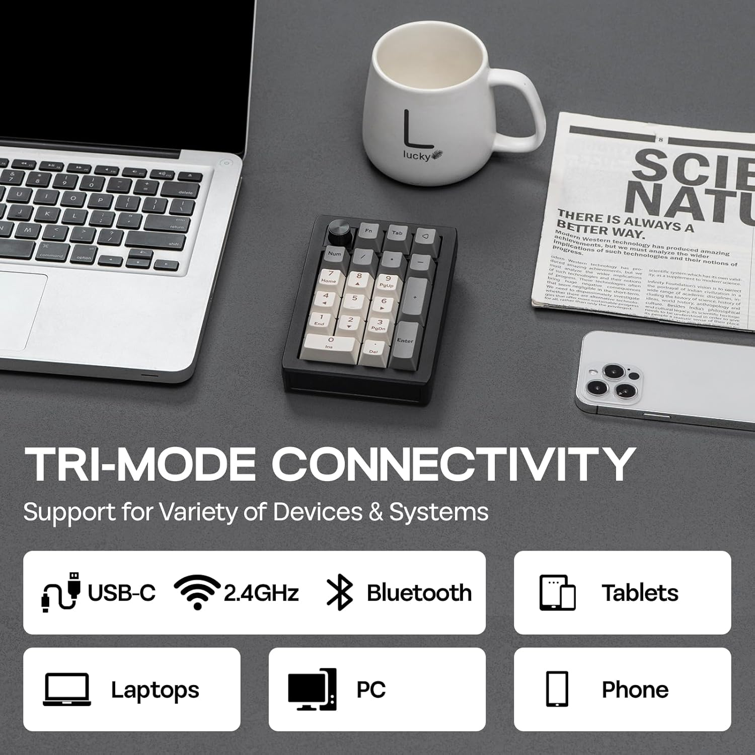 EPOMAKER EK21 via Gasket Number Pad with 1000Mah Battery, BT 5.0/2.4Ghz/Wired Hot-Swap Numpad with Aluminum Alloy Knob, Programmable for Win/Mac/Gaming (Black Silver, Wisteria V2 Switch) image number 3