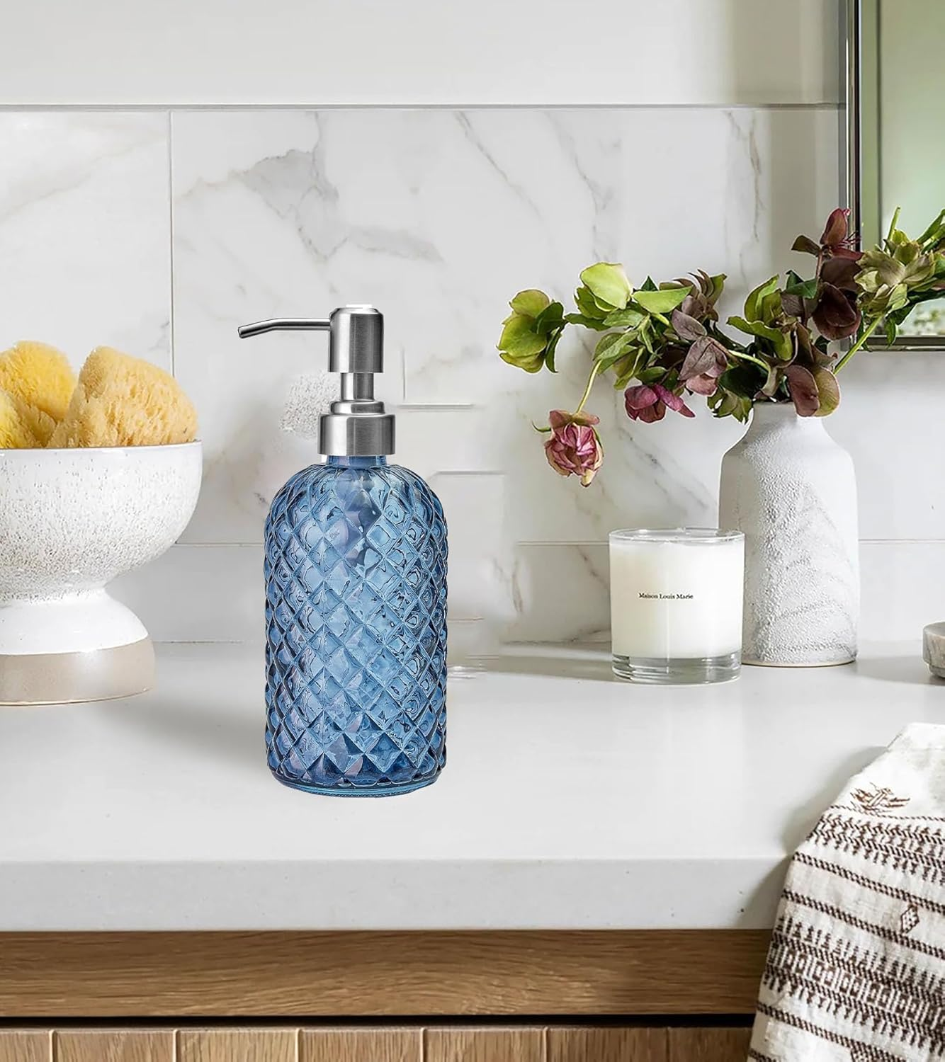 AXIM Glass Soap Dispenser with Stainless Steel Pump, 400Ml Refillable Lotion Soap Bottle, Dish & Hand Soap Dispenser, Home Decoration (2 Pc/Blue) image number 5