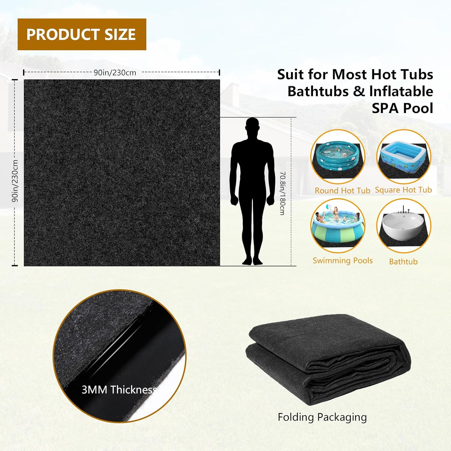 YUET 2.3M*2.3M Square Swimming Pool Pad, Inflatable Hot Tub Mat Outdoor Indoor, Waterproof Slip-Proof Backing, Absorbent Spa Pool Ground Base Flooring Protector Mat image number 2