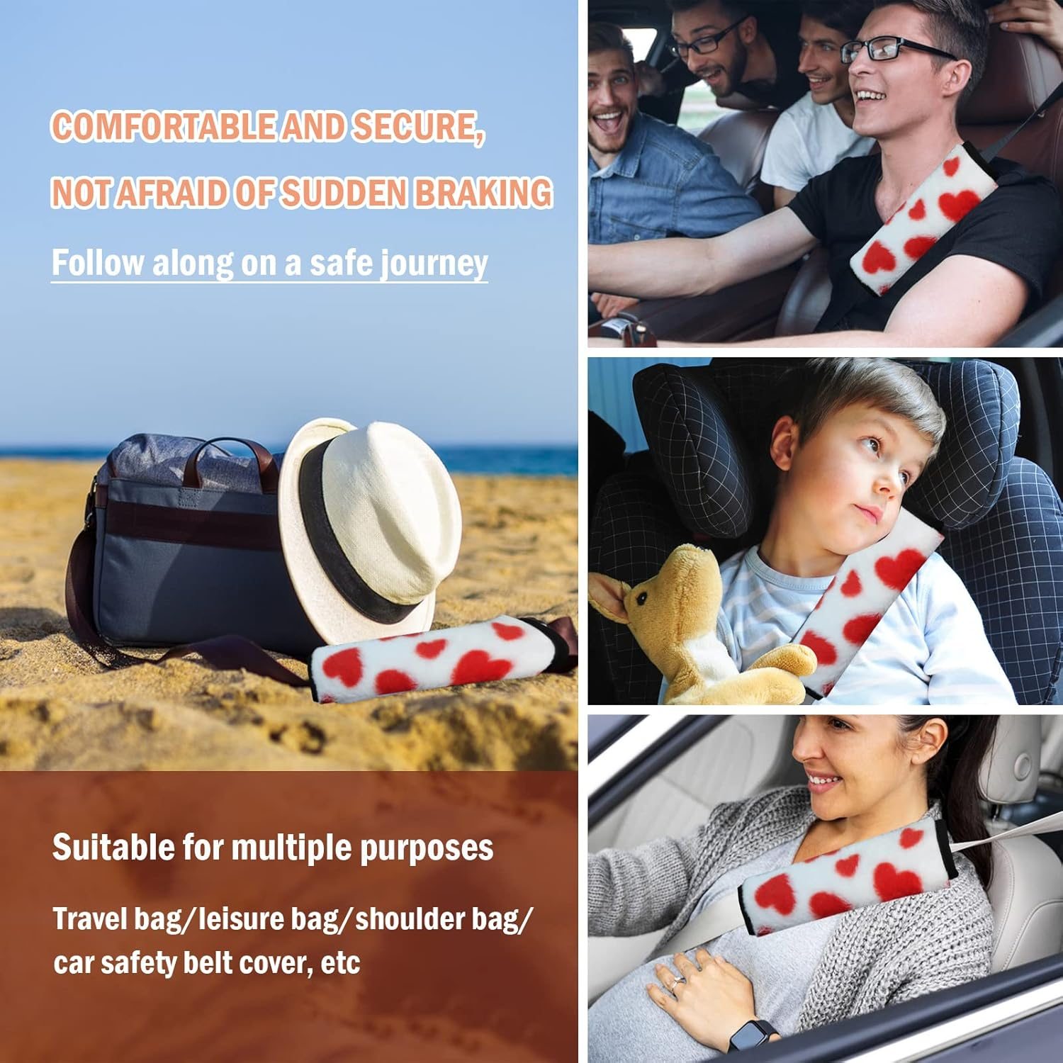 2 Pack Seat Belt Pads Soft Faux Sheepskin Love Car Seat Belt Shoulder Strap Covers Cute Seatbelt Neck Protector Cushion More Comfort Driving Compatible with All Cars and Backpack Fits Women Red - Red image number 3