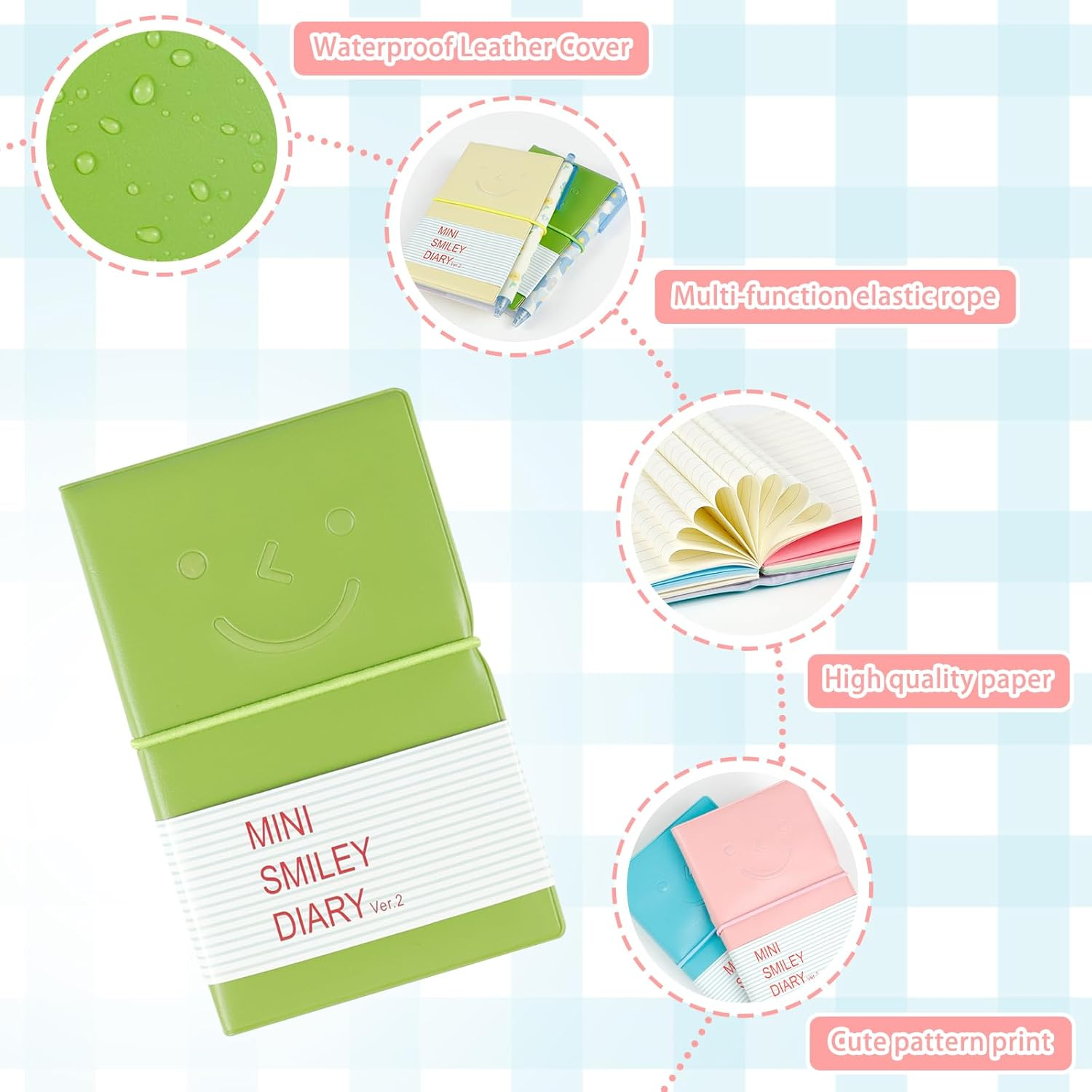 10 PCS Mini Pocket Notebooks, Small Smiley Diary Paper Notebook, 3X5 Inch Mixed Lined and Blank Paper Mini Order Notebooks with Elastic Closure and PU Leather Cover, 5 Colors image number 2