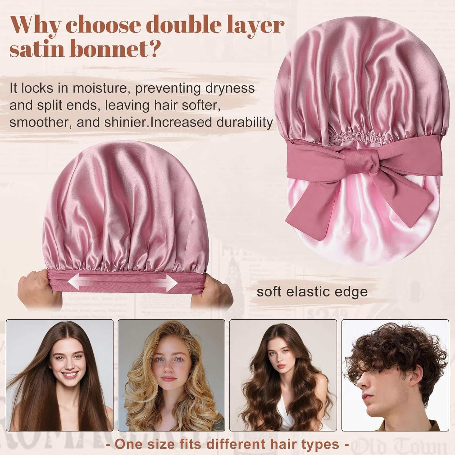 Satin Bonnet Silk Bonnet for Sleeping Silk Sleep Cap Double Layer Hair Bonnet with Elastic Tie Band for Curly Hair Night Cap (Bean Paste + Pink) image number 4