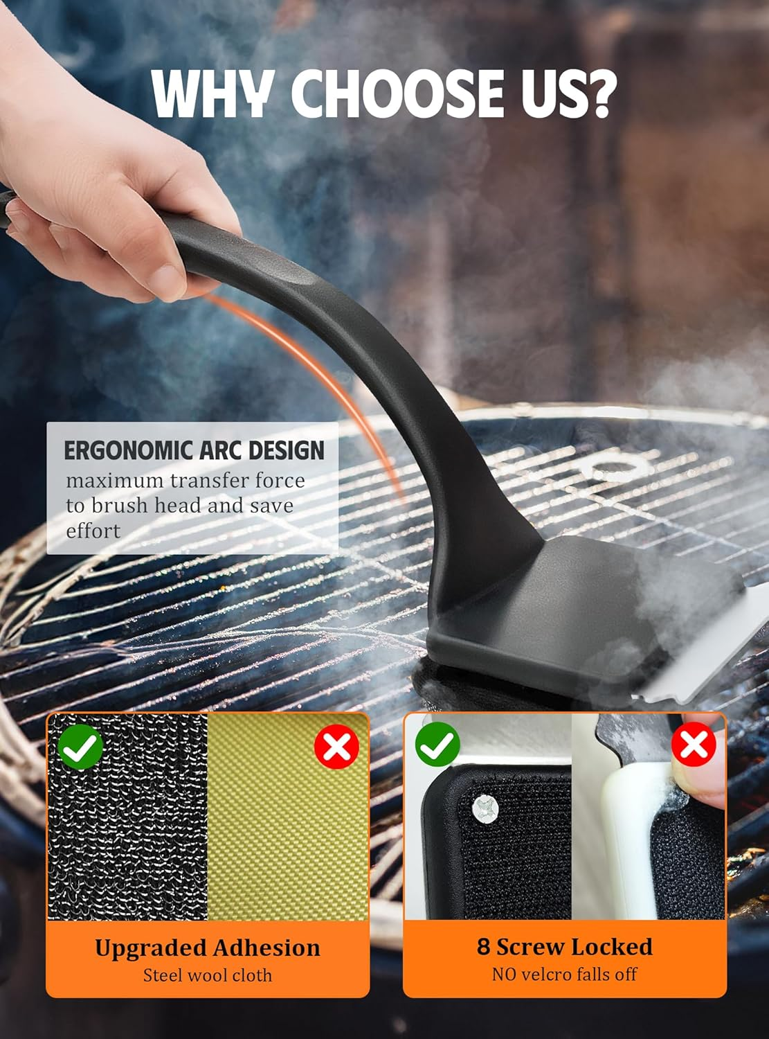 MEKER Grill Brush Bristle Free, Grill Cleaner Brush with 5 BBQ Replacement Head for Cast Iron, Stainless Steel Grates, Safe Grill Scraper Outdoor BBQ Grill, Black image number 3