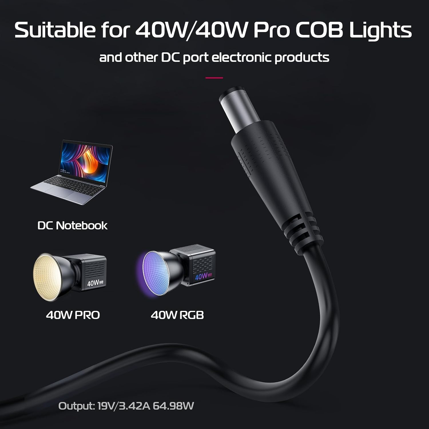 Ulanzi HT005 DC Aapter 19V/3.42A 64.98W Plug Adaptor Output for Ulanzi L023 40W Pro Portable Continuous Output Lighting image number 2