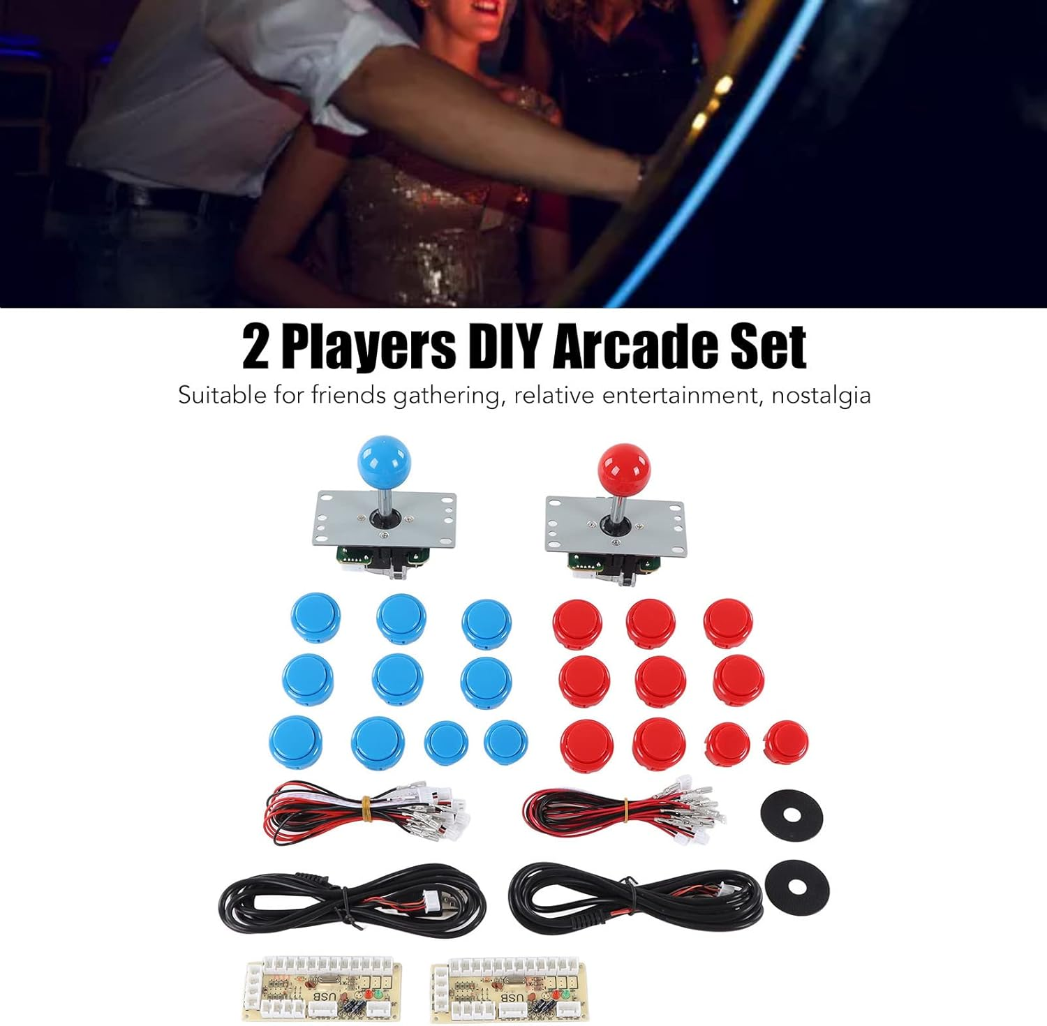 Kit, 2 Player Game DIY USB Board Encoder Joystick Buttons Set, Compatible with Home Console, Fighting Game Console, Friends Gathering (Blue Red) - Blue Red image number 5