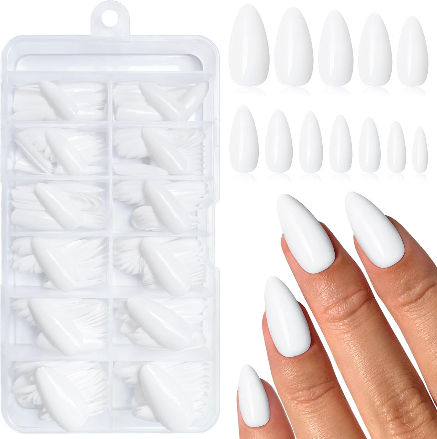 Lunarcharm 240 Pieces White Almond Press-On Nails Medium Size False Nails, Artificial Nail Tips