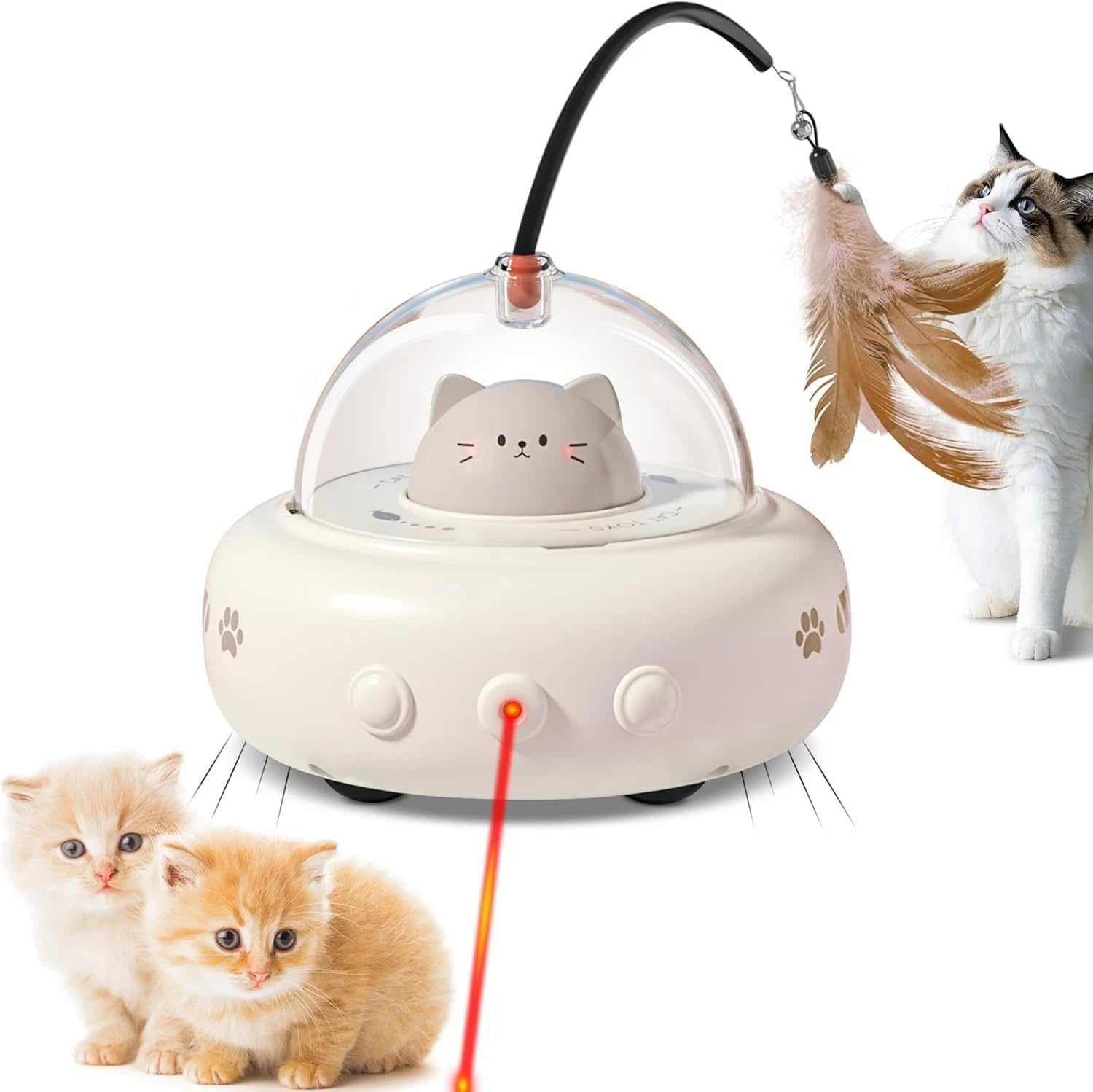 UFO Mia Rechargeable 2‑In‑1 Cat & Kitten Gift Toy with Laser & Feather Wand, Motion‑Activated Random 360&deg; Movement & Auto Sleep Mode &ndash; Interactive Indoor Cat Toy (Beige)