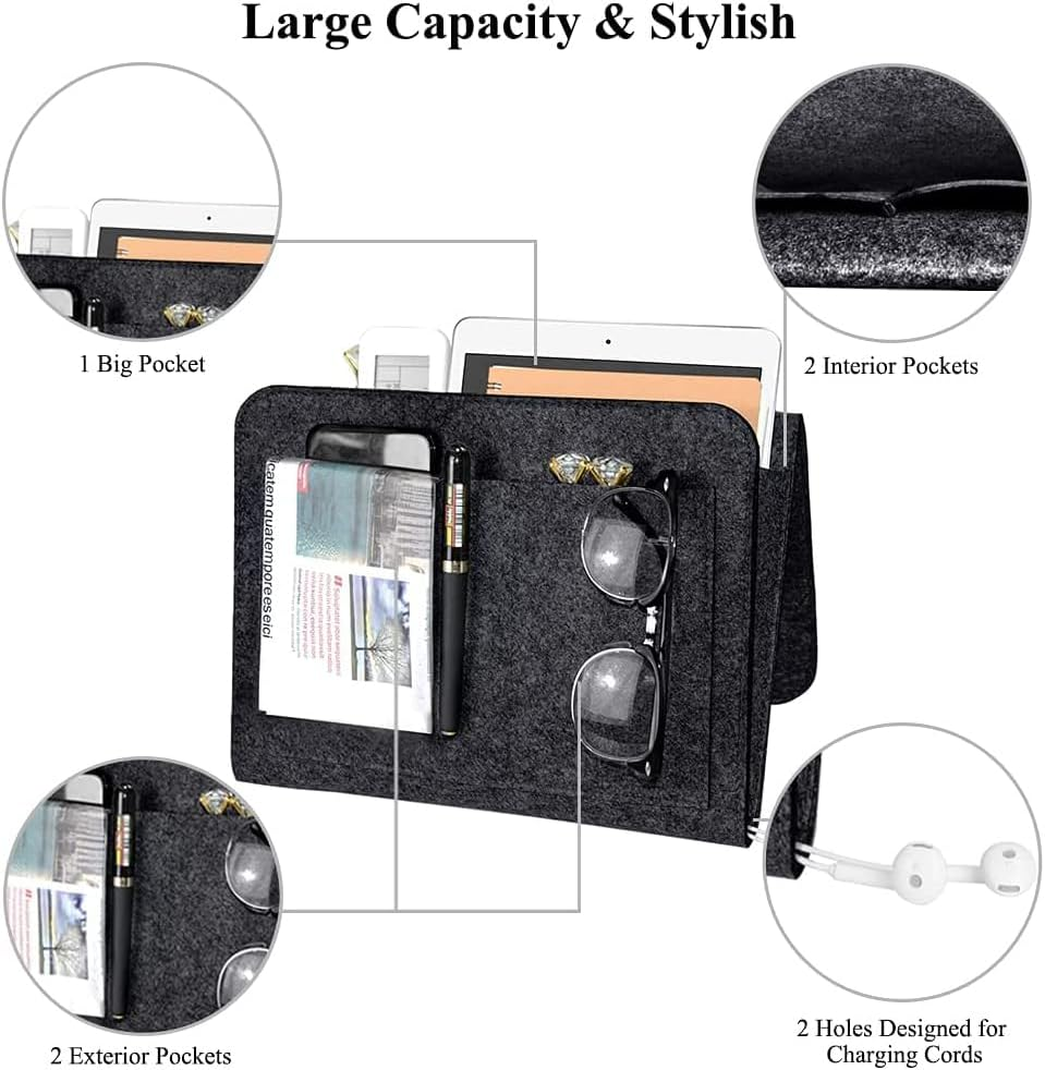 Vivva Bed Caddy Organizer under Mattress, Pockets Felt Sofa Storage Bag, Student Dormitory Bedside Book Storage Hanging Bag, Bedside Caddy for Magazine, Headphones, Remote Control (L, Khaki) image number 6