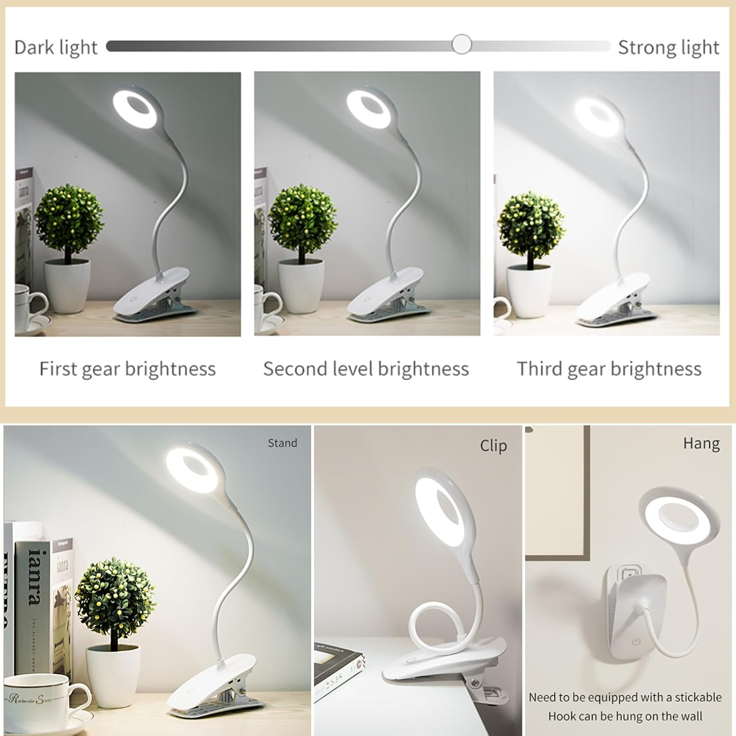LED Clamp Lights, 40 Cm Clamp Lamp, 20 Leds Reading Lamp, Bed Clamp, Dimmable with 3 Brightness Levels, 360&deg; Flexible USB Reading Light, Children'S Bed Lamp, Clamp Lamp, Desk Lamp for Office, Home Use image number 3