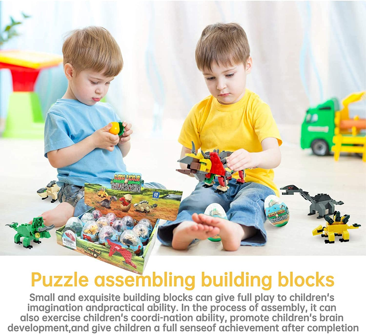 12 Pcs Prefilled Easter Eggs with Dinosaurs Building Blocks Toys, 3.25" Eggs for Easter Basket Stuffers, Holiday Kids Gifts Easter Party Favors Set, Easter Egg Hunt, Classroom Events Rewards image number 1