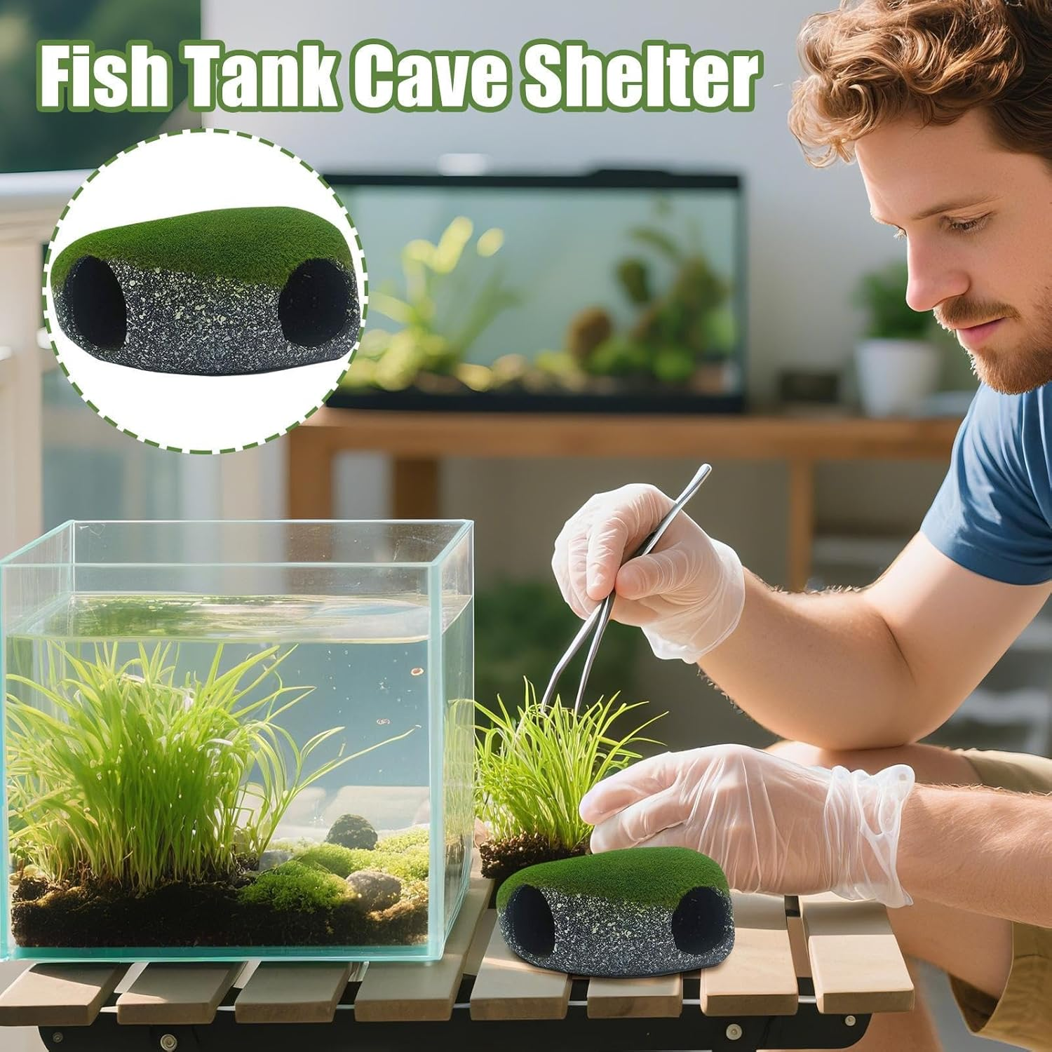 Fish Cave, 2 Holes Rock Shelter Decoration, Stones House, for Home Workplace Pet Store Freshwater Saltwater Terrarium Aquarium Corner Tanks - Large image number 6