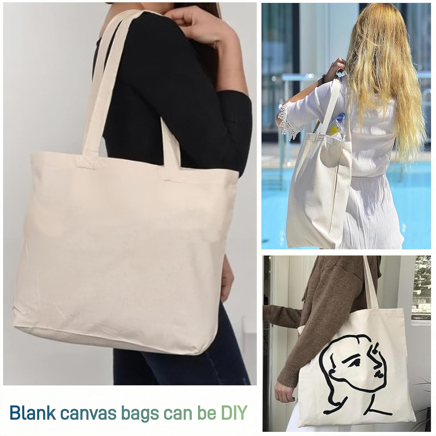 4 Pack Canvas Shopping Bags, Reusable Canvas Tote Bags, Large Shopping Bags, Lightweight and Washable, Multi-Purpose Blank Canvas Bags for Shopping, Grocery, DIY, Gift Bags, Etc. image number 1