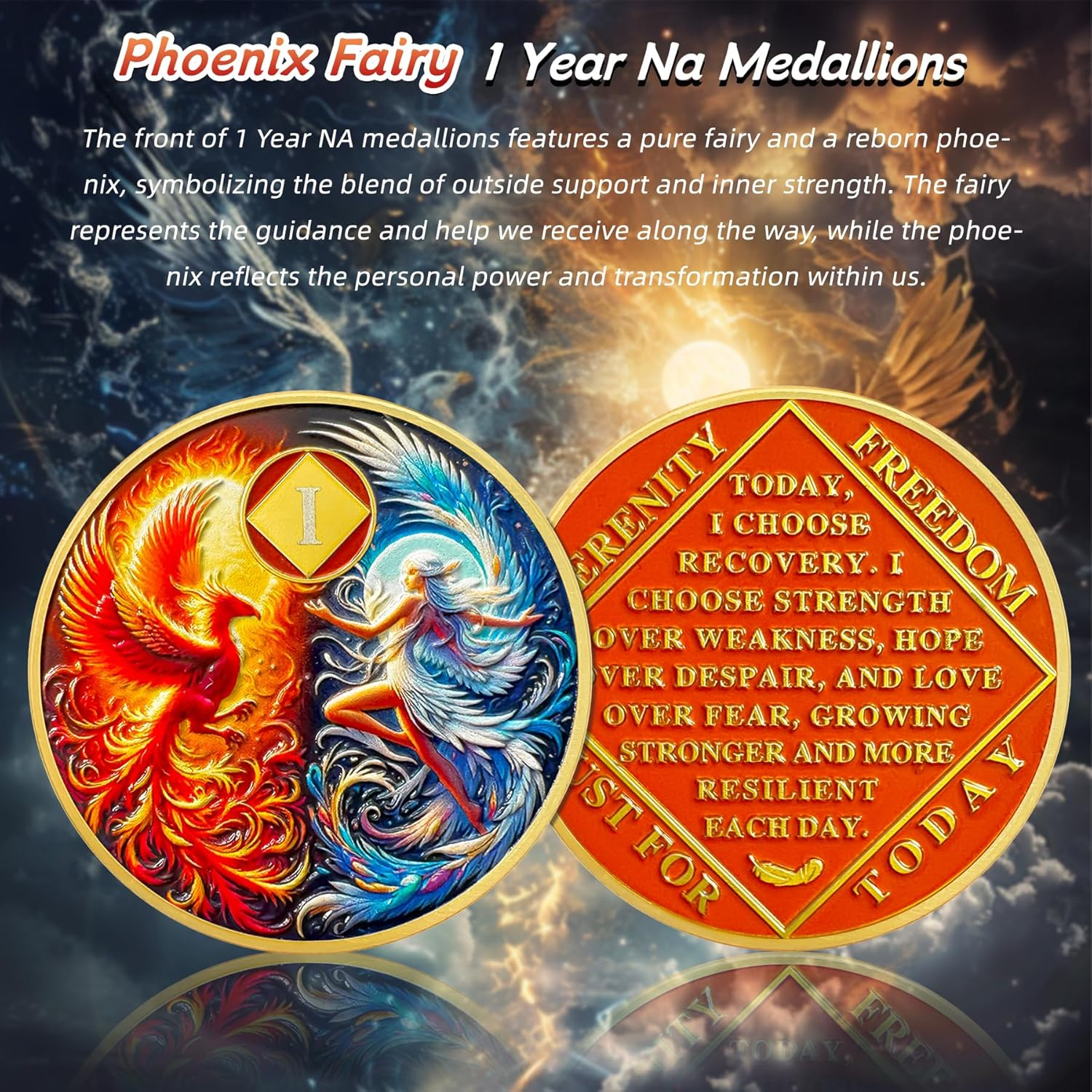 Phoenix Fairy 1 Year Na Medallions - Sun and Moon Sobriety Coin - One Year Recovery Addiction Token - Celebrate Clean and Sober Chip - 0-10 Prime Narcotics Anonymous Gifts for Men Women image number 2