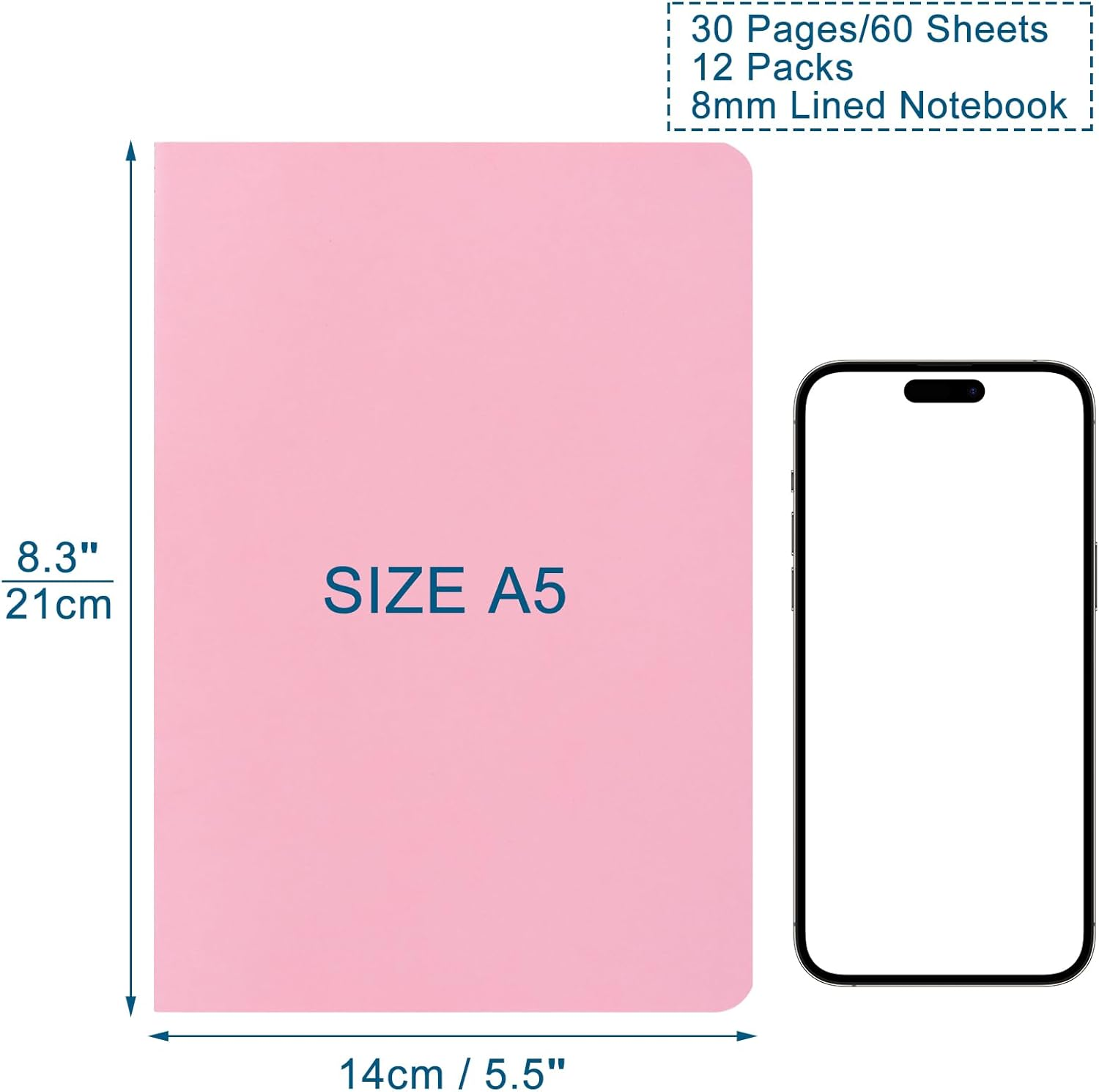 ZCZN 12 Pack A5 Lined Notebook, 12 Colors Journal Notebooks for School, Study, Office, 60 Pages/30 Sheets (Multicolor) - Multicolor image number 2