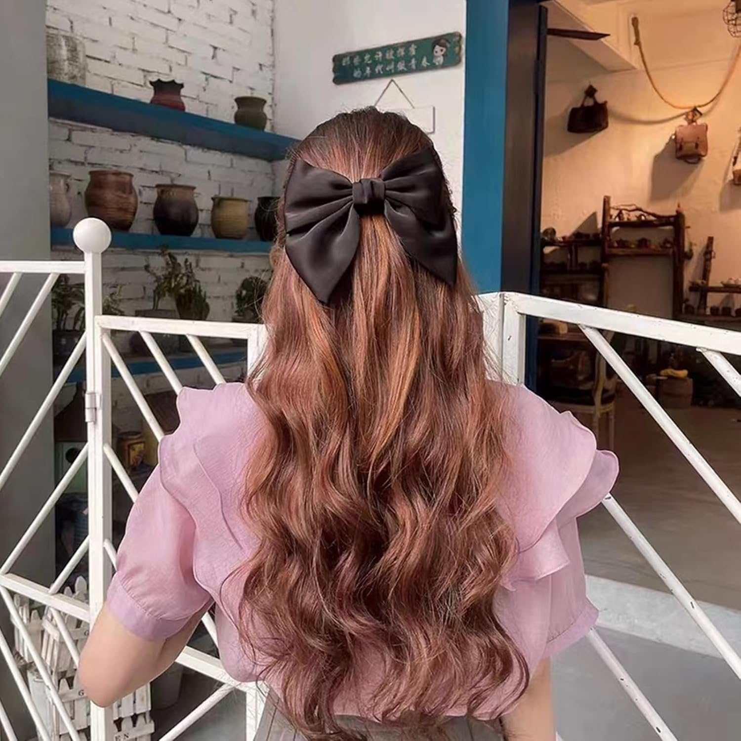 2Pcs Hair Bows for Women, Bow Hair Clips for Girls,Silky Satin Hair Bows Hair Ribbon Cute Hair Accessories, Black+Wine Red. image number 6