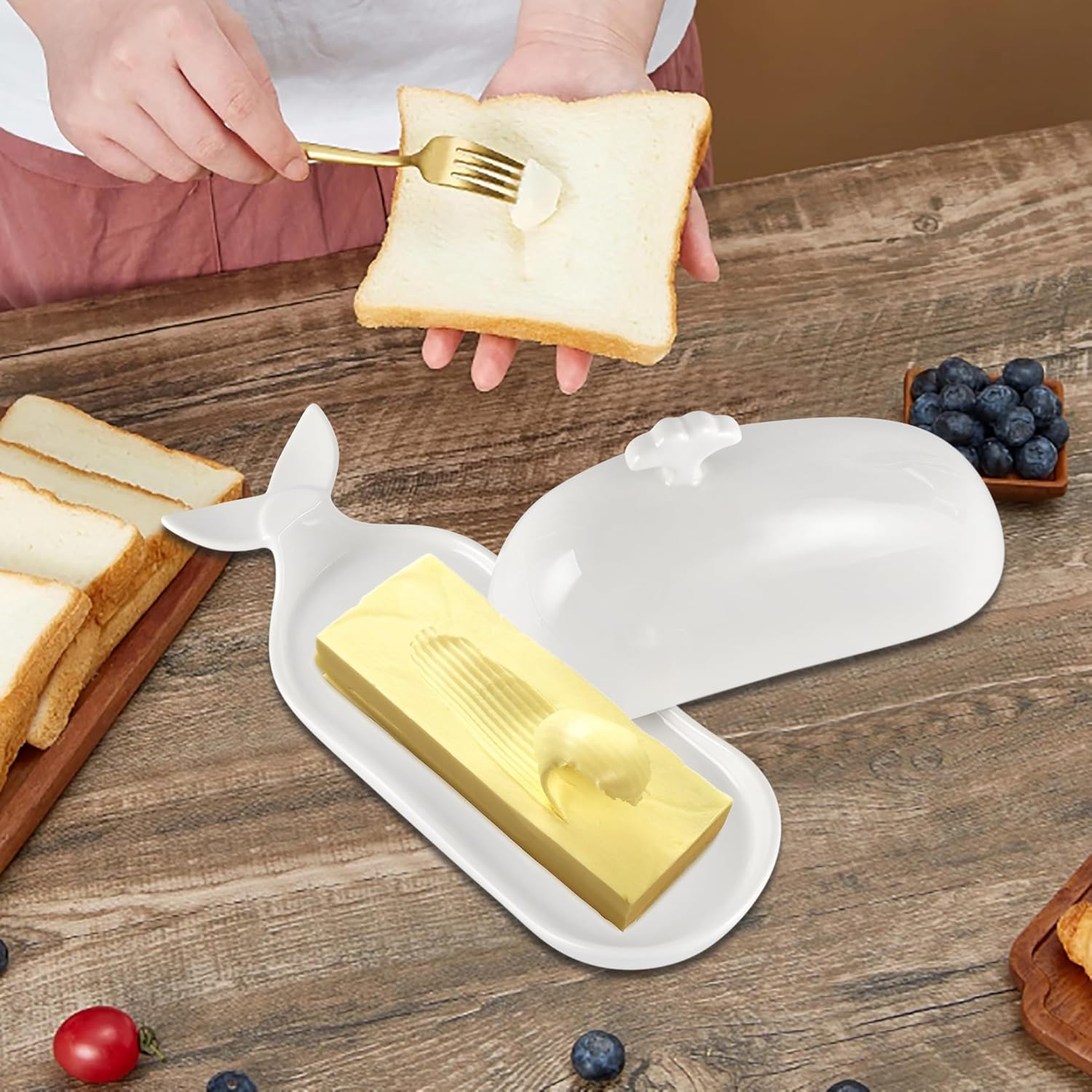 White Ceramic Butter Dish with Cover, Fit Both Western Stubbies and Elgin Butter Sizes Alike, Ideal to Savour Relaxed Meal with Family and Friends image number 4
