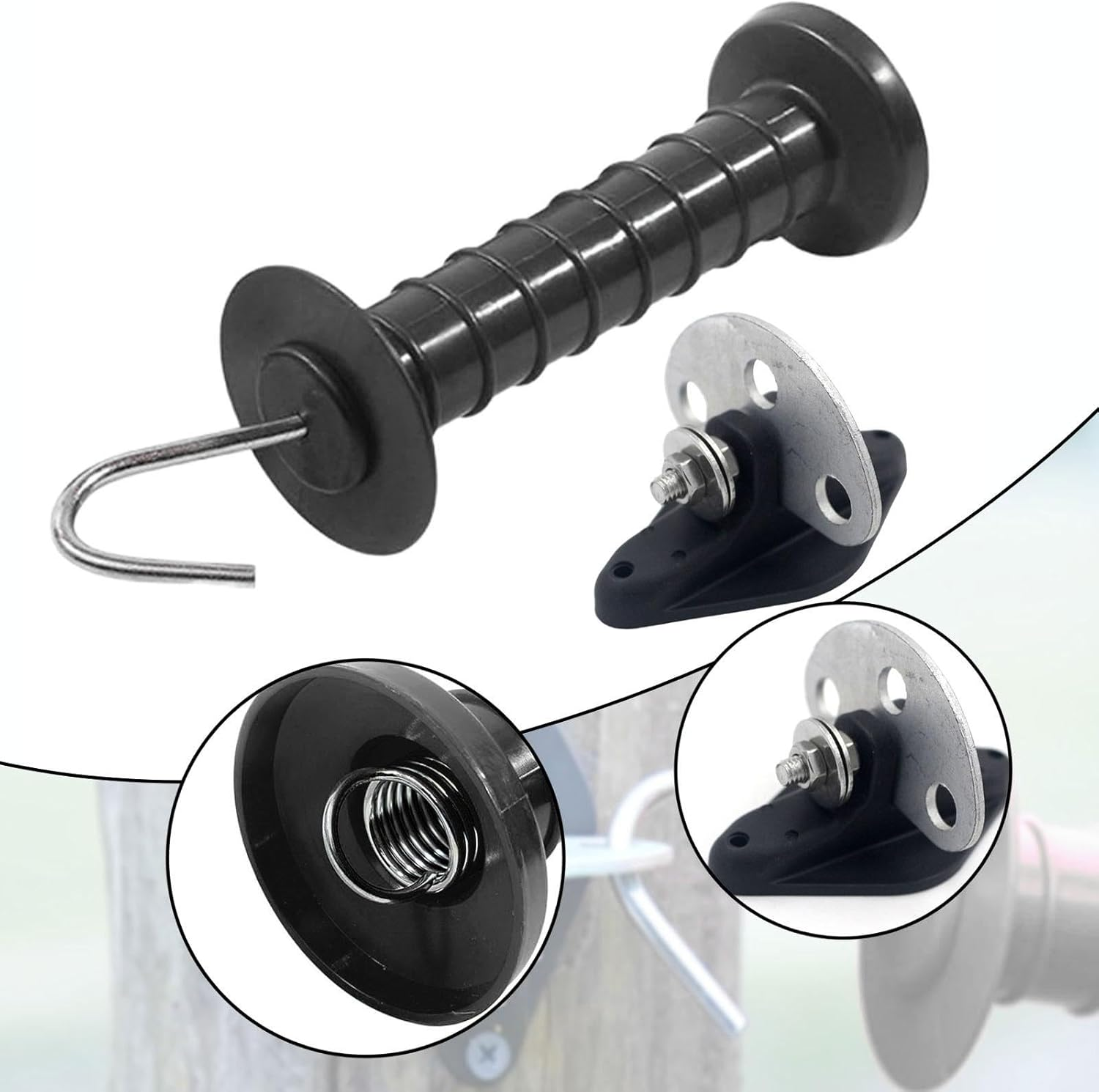 Fence Gate Handle for Electric Fences, Anchor Kit for Ranch and Farm, Black