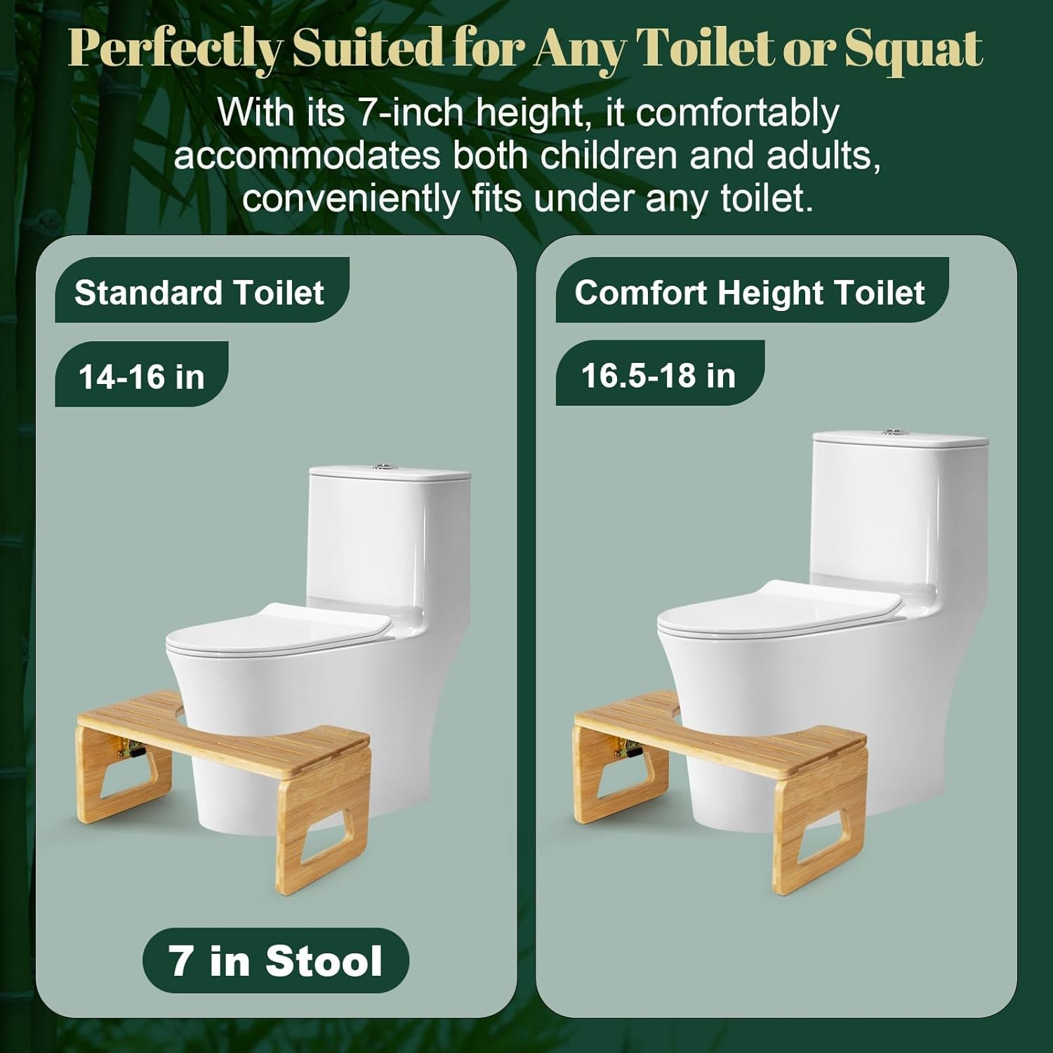 JDCQKHA 7 Inches Bamboo Toilet Stool Squat Adult, Foldable Poop Stool for Bathroom, Portable Potty Stool with Non-Slip Strip, Space-Saving, No Assembly Required (Natural Color)