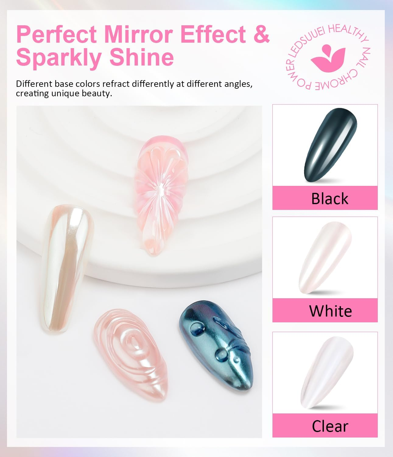 Pearl Chrome Nail Powder - LEDSUUEI Fairy Effect Chrome Nail Powder, White Chrome Powder Aurora Pigment Nail Powder Metallic Mirror Effect Nail Chrome Powder Crome Powder Nails DIY Salon image number 4