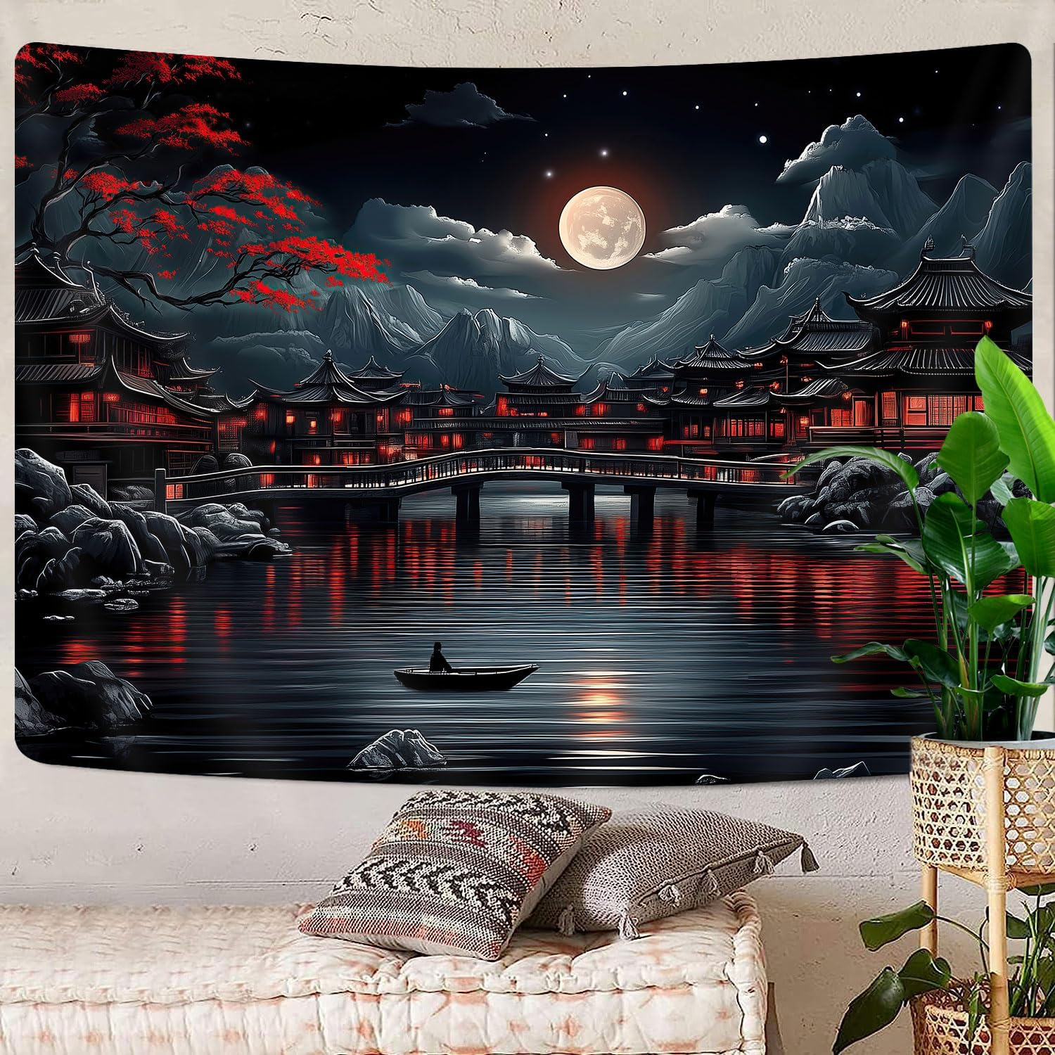 GOAOK Japanese Anime Tapestry, Cool Red and Black Dark Nature Mountain Riverside Full Moon Landscape Aesthetic Tapestry for Men, Asia Japanese Art Tapestries for Bedroom Living Room College, 60"X40"
