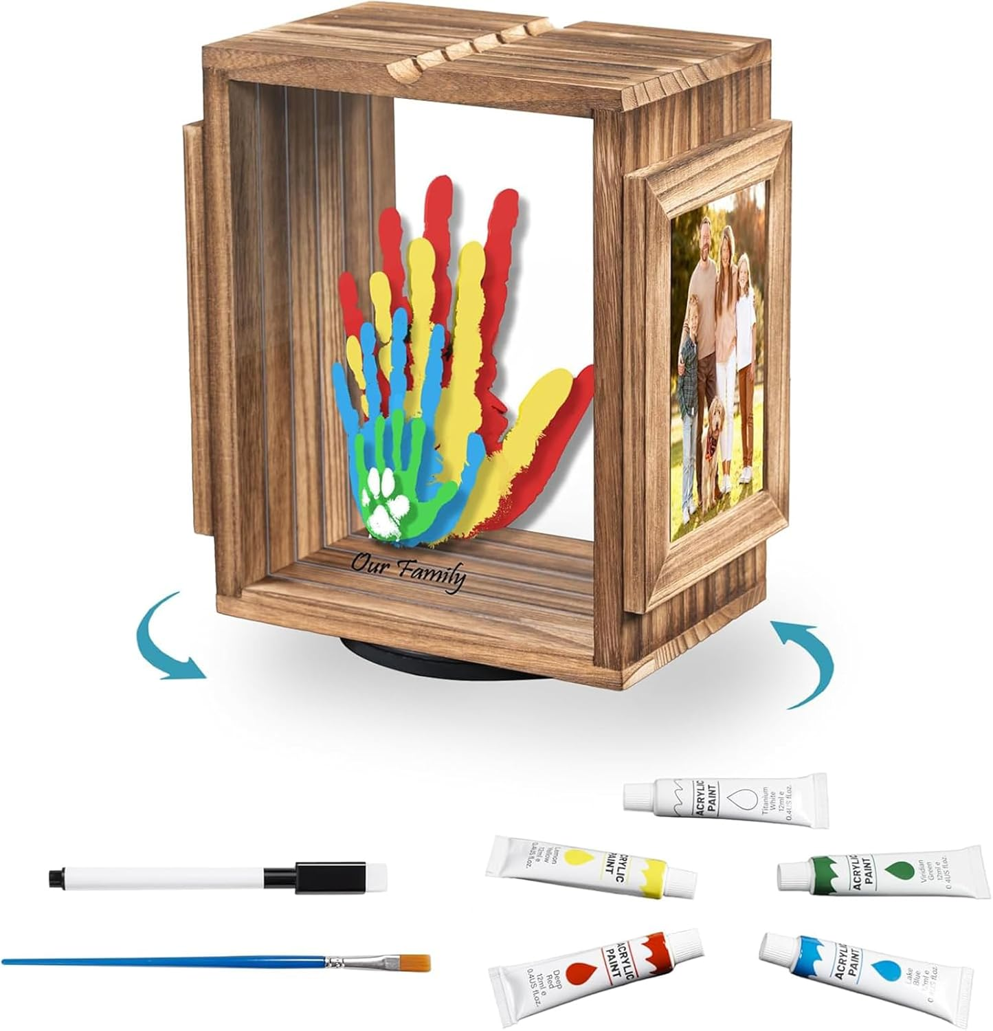 360 Rotating Family Handprint Kit, DIY Craft Keepsake for Baby Footprint Kit, Wooden Frame with 5 Paints Colors & Transparent Sheets, Gifts for Handprint Family Keepsake（Brown） image number 2