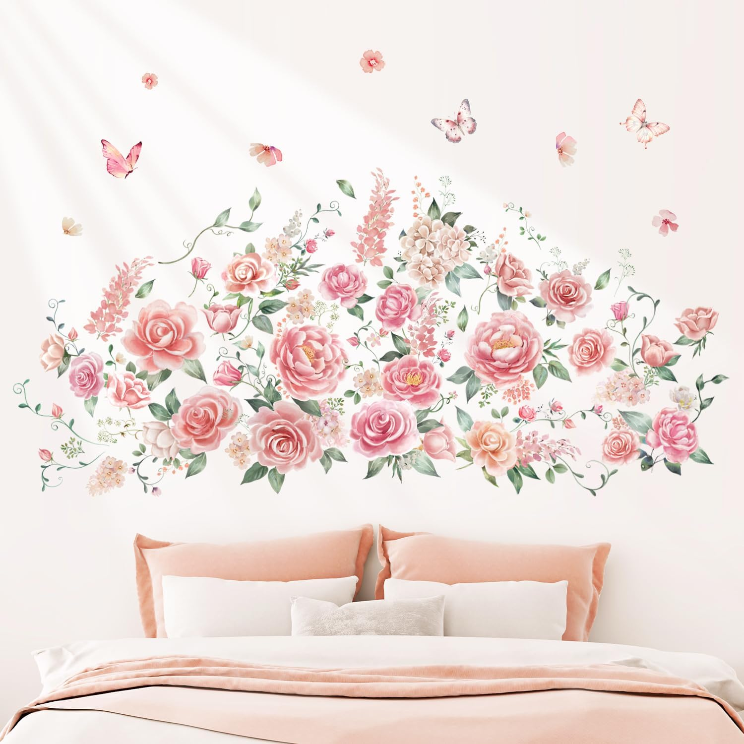 DECOWALL SG3-2428 Rose Vine Wall Stickers Room Decals Bedroom Living Flower D&eacute;cor Art Floral Pink Tv Decoration Butterfly Nursery Peel and Stick image number 3