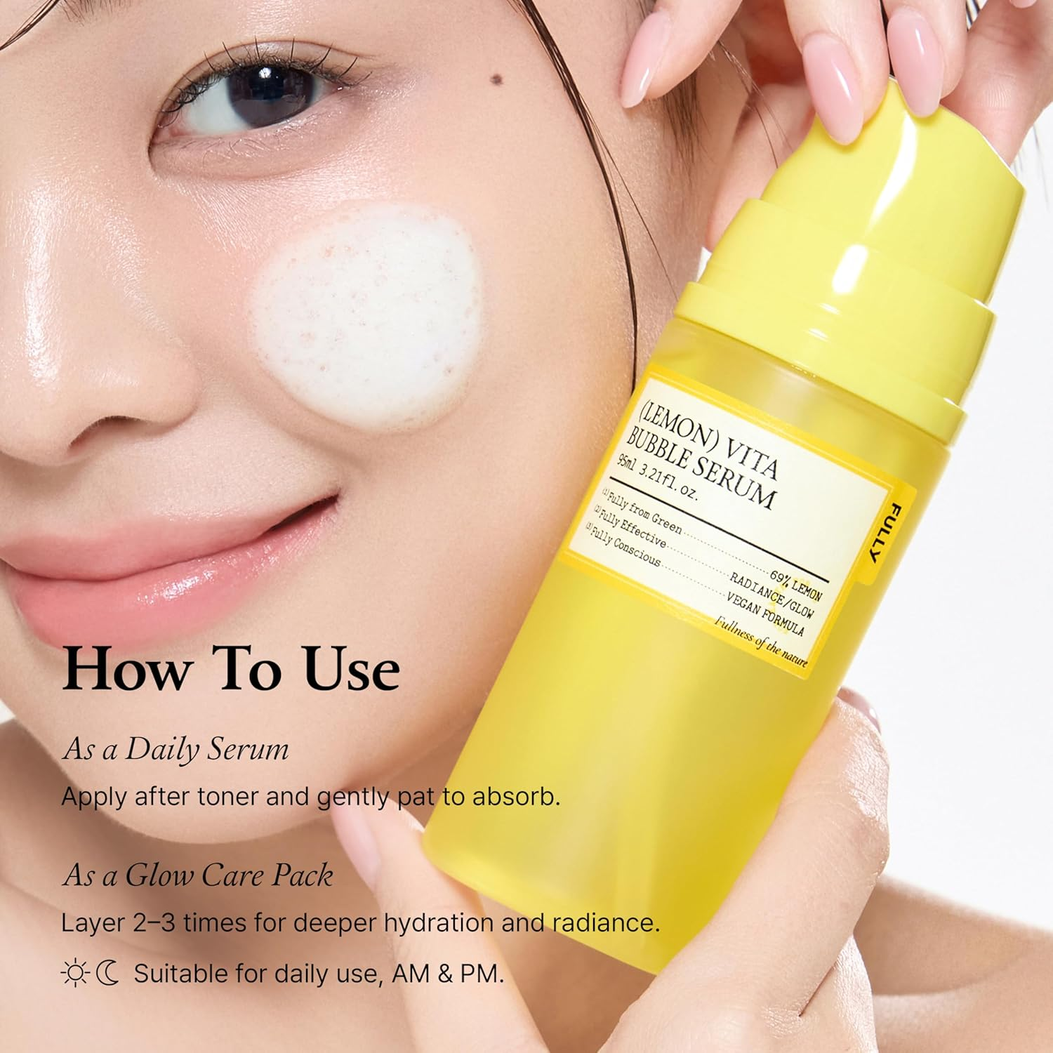 FULLY Lemon Vita Bubble Facial Serum, 69% Organic Jeju Lemon Water & Vitamin C, Lightweight Microbubble Texture, Niacinamide + Glutathione, Vegan Korean Skincare, 95Ml image number 3