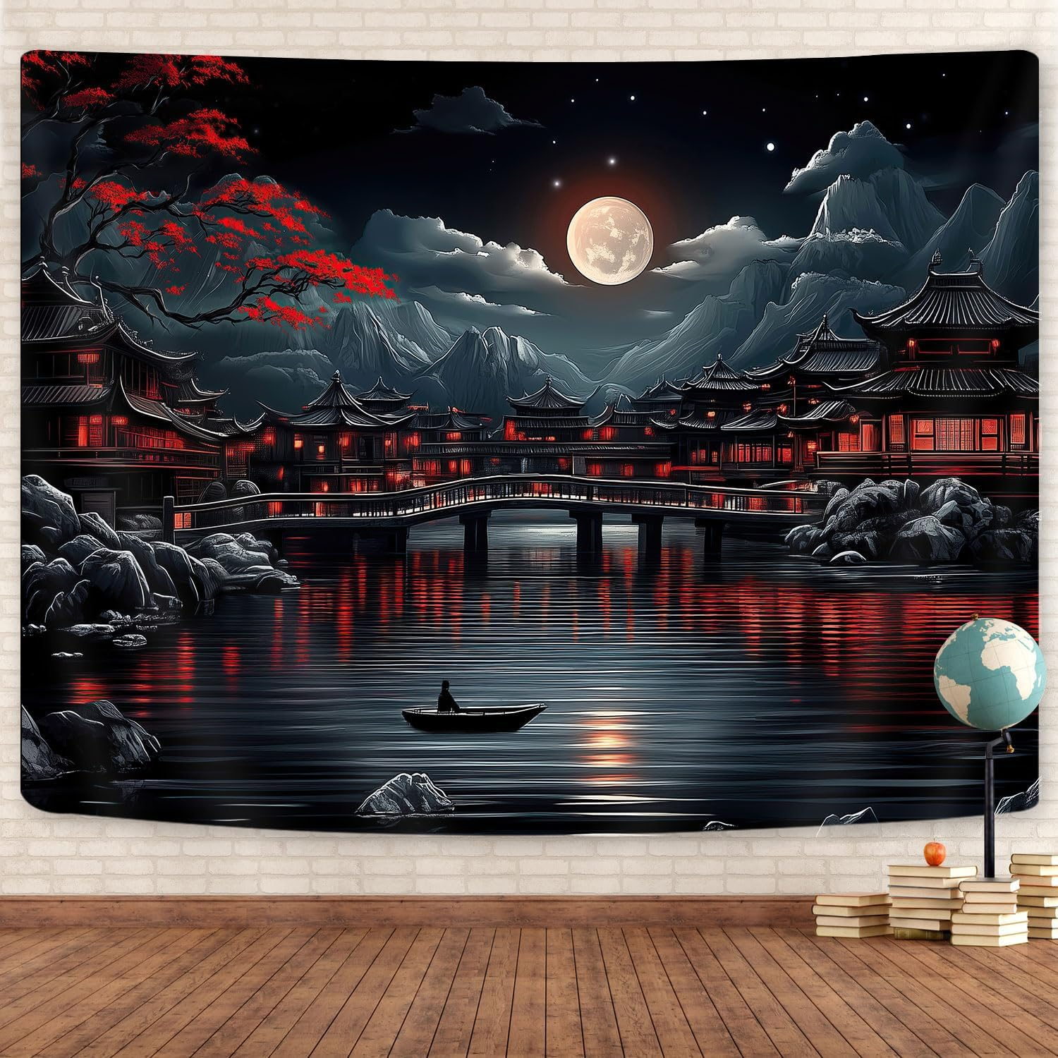GOAOK Japanese Anime Tapestry, Cool Red and Black Dark Nature Mountain Riverside Full Moon Landscape Aesthetic Tapestry for Men, Asia Japanese Art Tapestries for Bedroom Living Room College, 60"X40" image number 4
