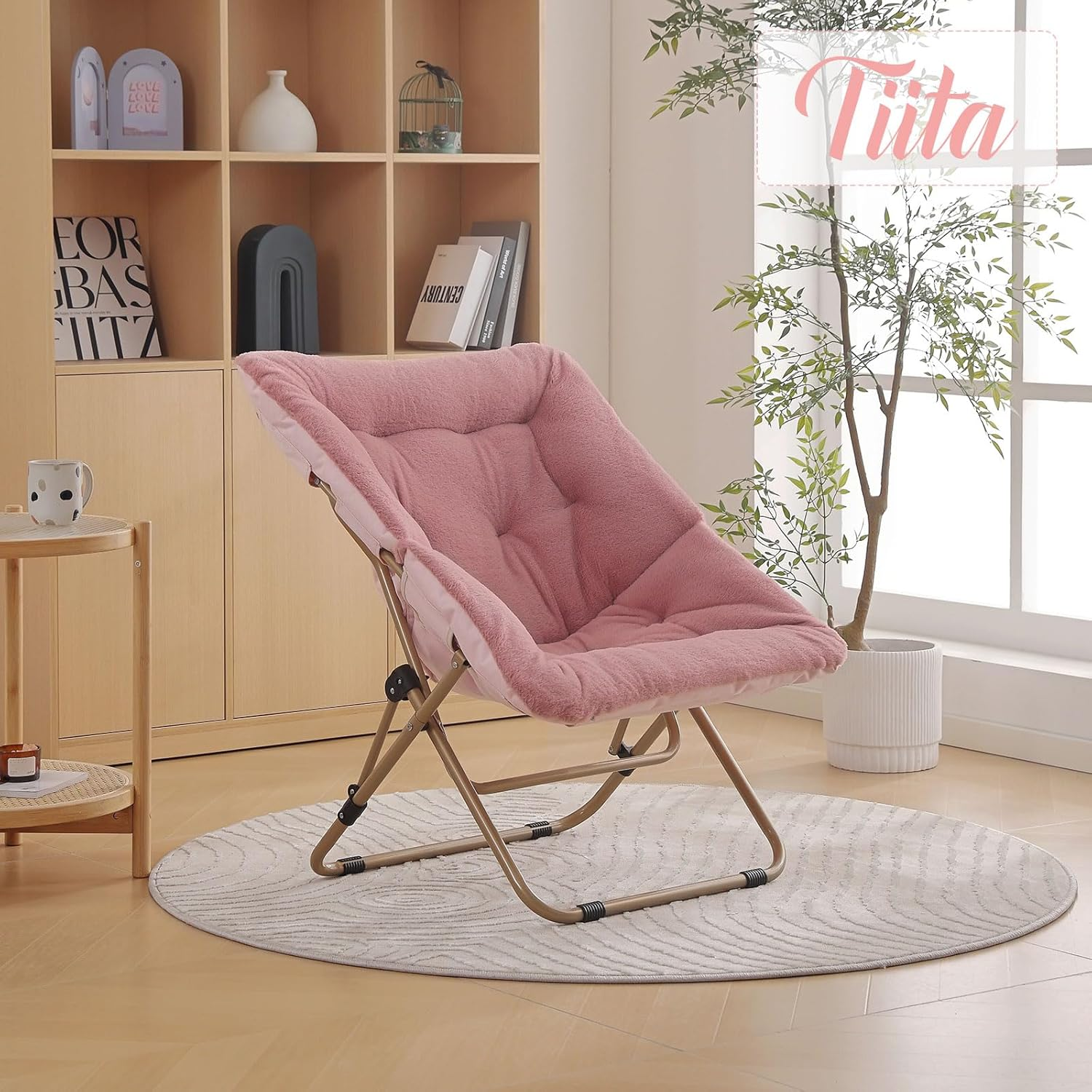 Tiita Comfy Saucer Chair, Soft Faux Fur Oversized Folding Accent Chair, Lounge Lazy Chair for Teens Adults, Metal Frame Moon Chair for Bedroom, Living Room, Dorm Rooms - Beige image number 4