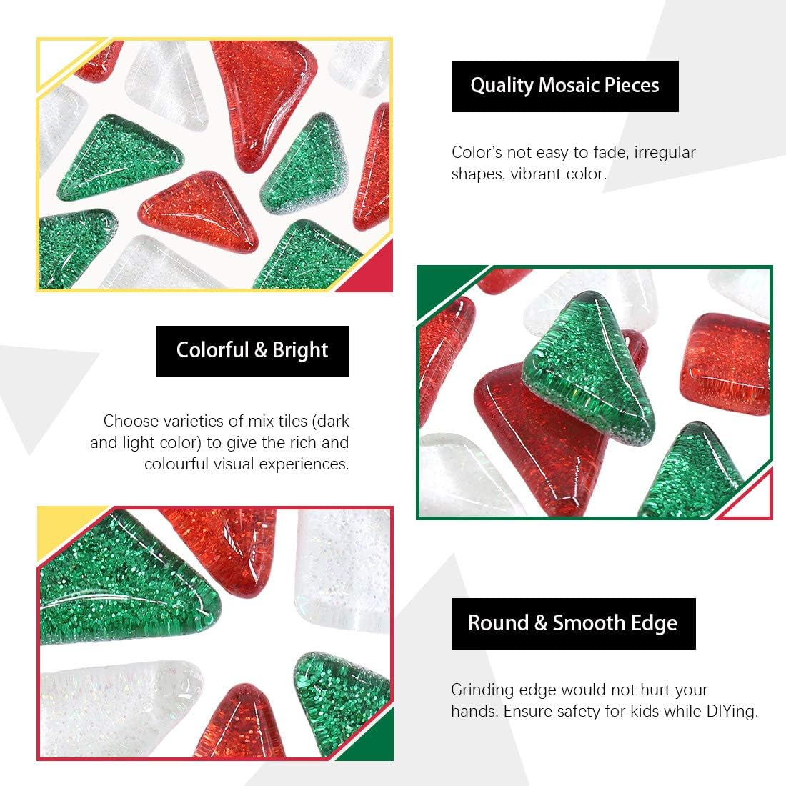 Hilitchi 1Lb 3 Colors Mosaic Tiles Assorted Stained Glass Mosaic Tile Glass Pieces Arts and Crafts Gifts, Ideal for Handmade Gift Mosaic Candle Holder- Red Green White Mosaic Tile - Glittery Mixed Color-E image number 7
