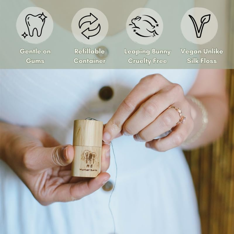 VEGAN Biodegradable Bamboo Charcoal Dental Floss with Refillable Bamboo Container | Free Refill | Natural Candelilla Wax | 55Yds X2 | Peppermint Essential Oil | Eco Friendly | Zero Waste Oral Care image number 2