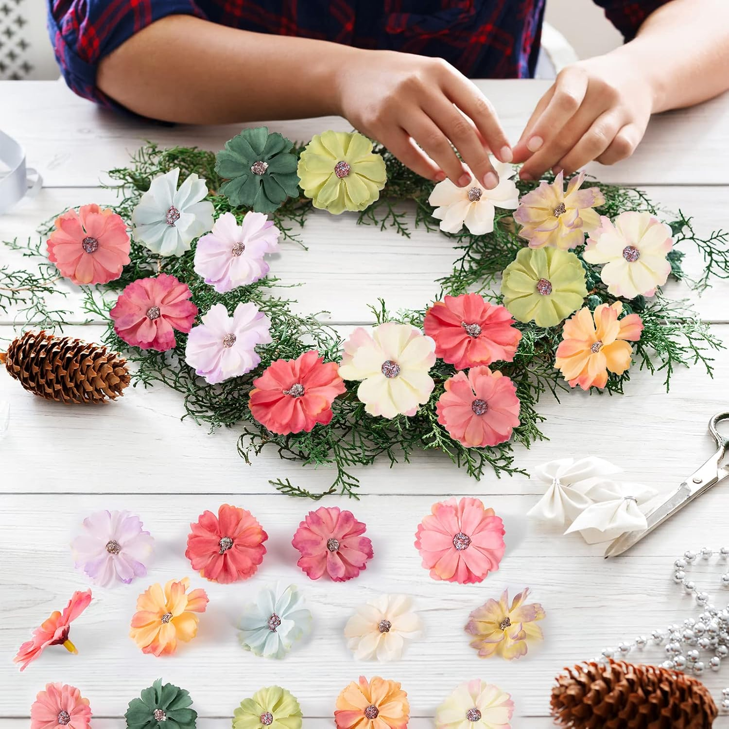120 Pieces Faux Flowers Heads for Crafts Artificial Silk Daisy Flowers Embellishments Mini Assorted Bulk Wreath for DIY Holiday Wedding Party Home Garden Decoration 4 Cm, Colorful image number 2