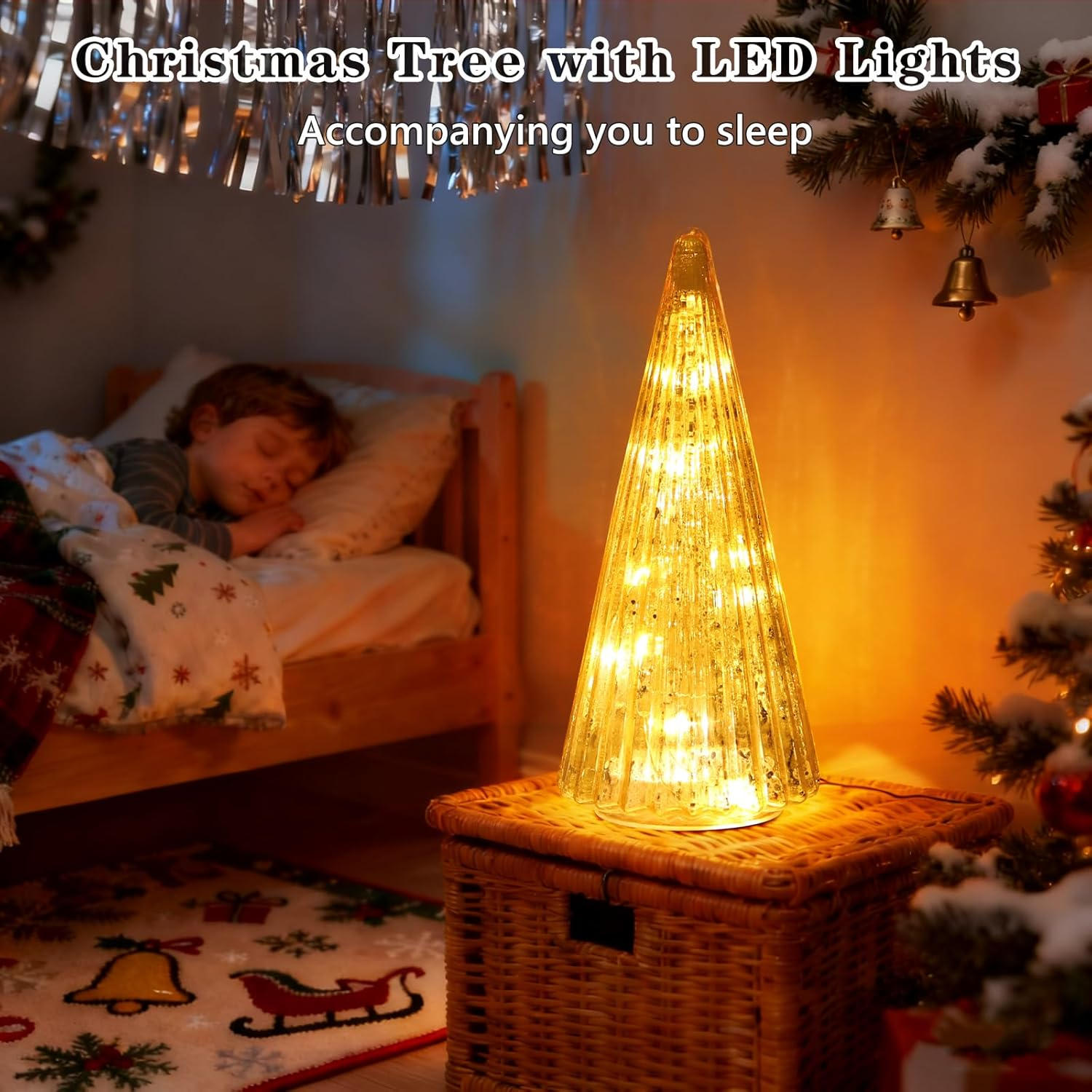 Mercury Glass Christmas Tree with LED Lights,Upgraded Table Top Christmas Tree Decorations with Timer,Widely Applicable to Party,Holiday Home and Mantel Decor (Gold) - Red image number 3