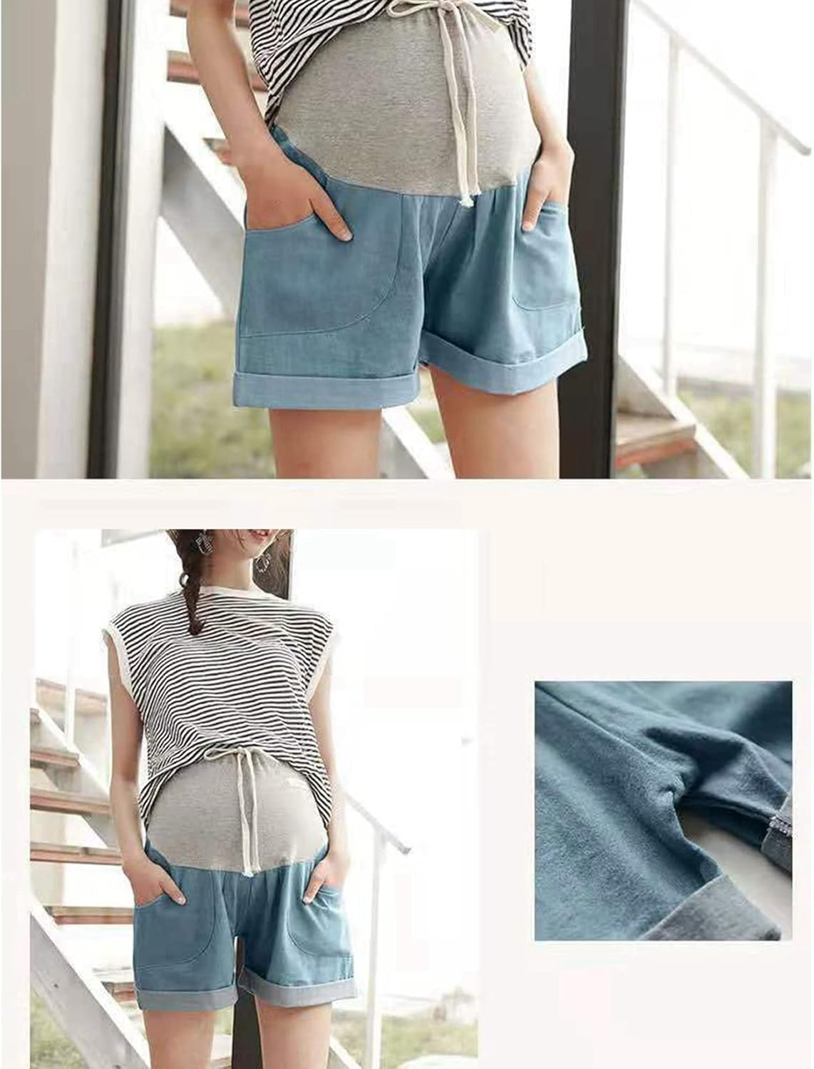 Qiribati Womens Jean Shorts Drawstring Maternity Denim Shorts Roll Hem Pregnancy Summer Short Jeans image number 2