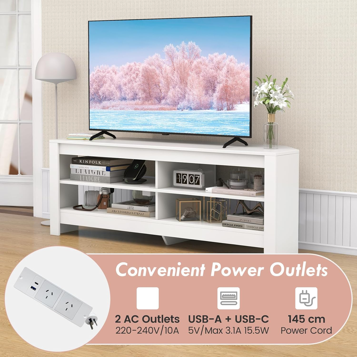 Giantex Corner TV Stand with Power Outlet, 3-Tier Entertainment Center with 4 Open Storage Shelves, 140CM Multifunctional Console Table for up to 65 Inch TV, for Living Room & Bedroom (White)