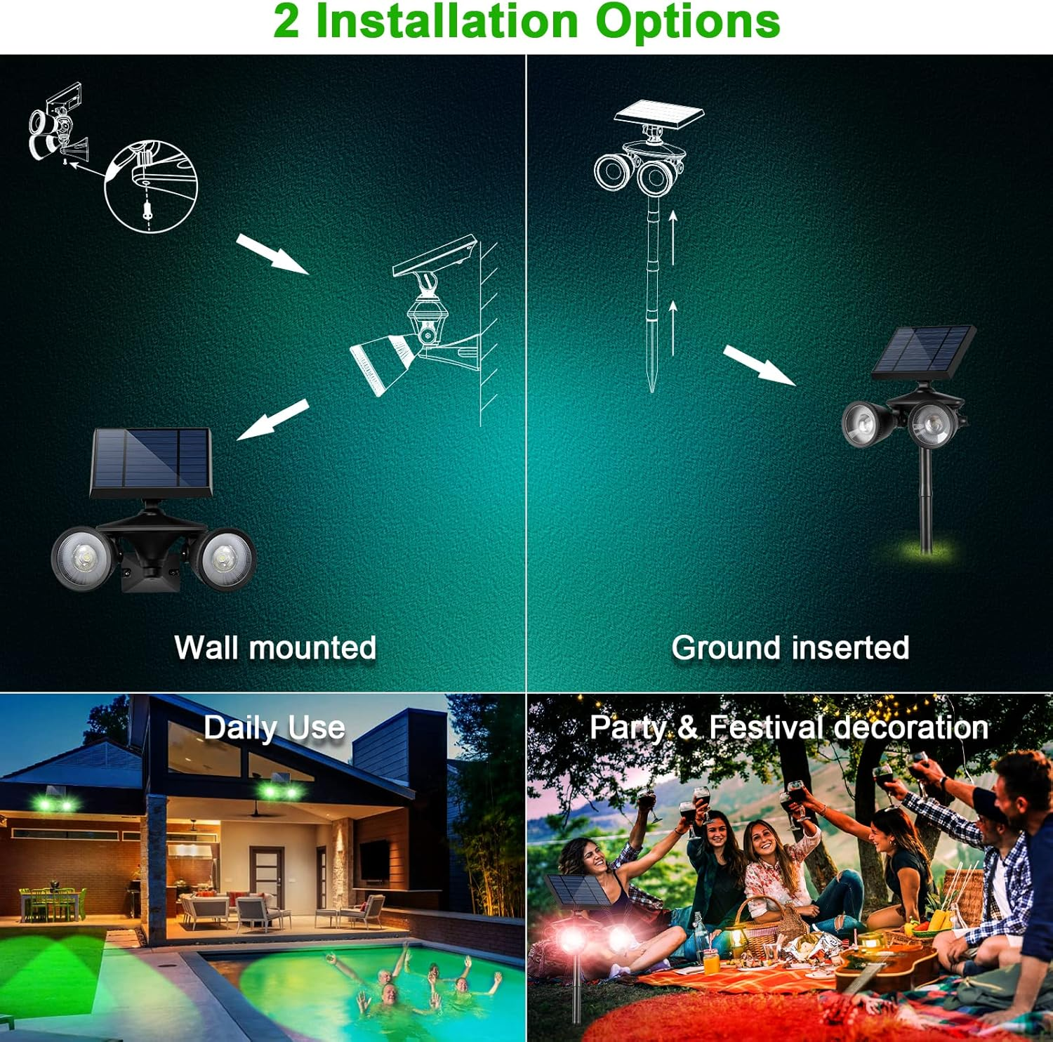 Outdoor Spot Lights for Yard, Color Changing Solar Stake Lights, Always on All Night with 7 Color Options, Dusk Til Dawn Solar Uplights Waterproof for Trees/Pathway/Garden Decor, 1-Pack image number 3