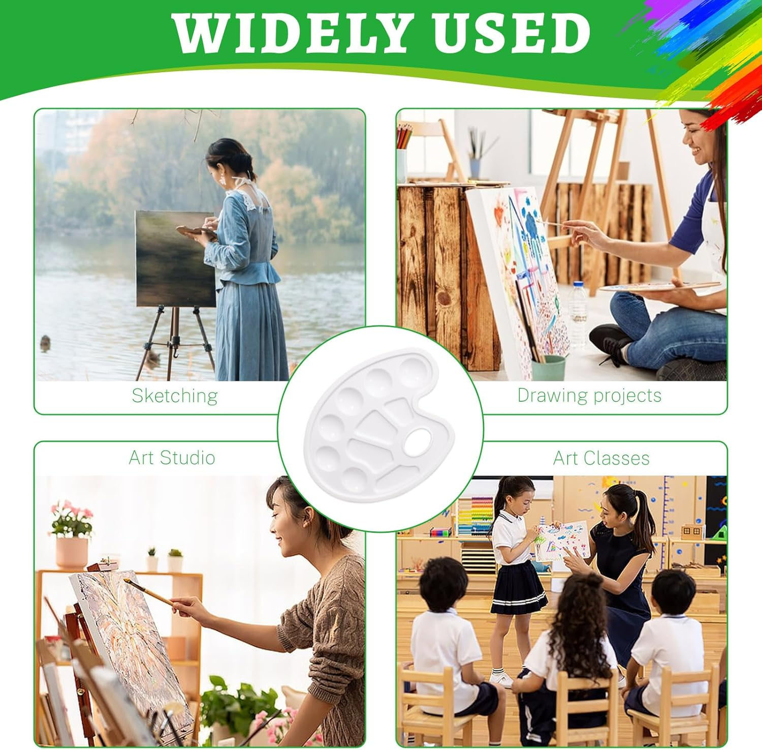 ASTIMESA 8 Pcs Paint Palette with Thumb Hole & 10 Wells, Oil Watercolor Painting Palette Tray, White Paint Trays for Painting, Paint Mixing Palette Holder for Artist Art Supplies (Oval) image number 6